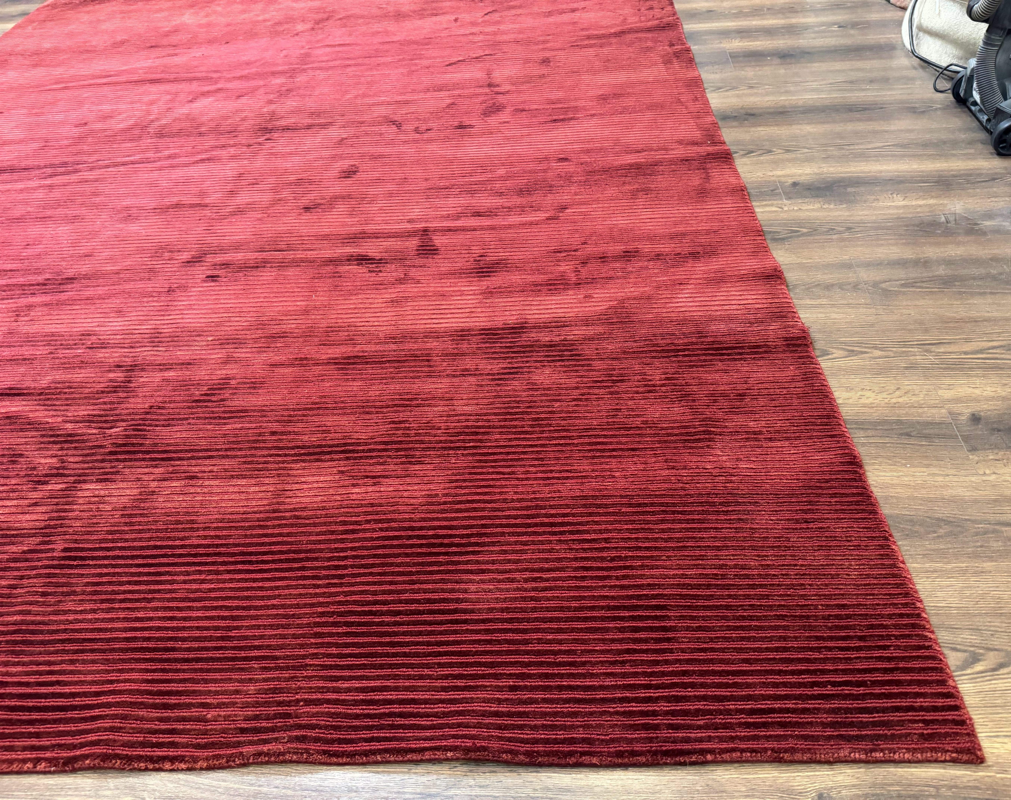 Modern Tibetan Rug 8x10, Red, Stripes, Handmade Wool Thick Pile Carpet