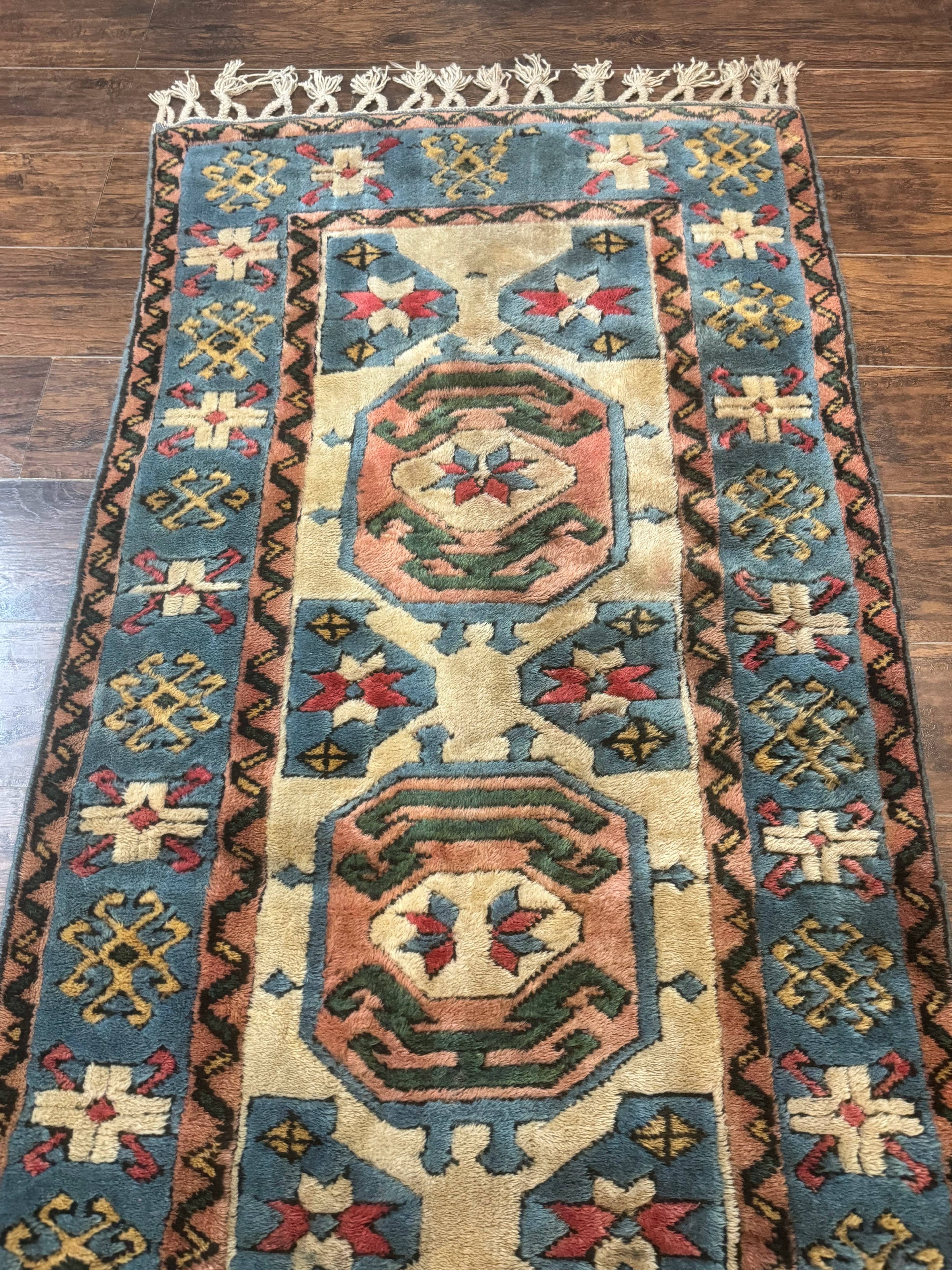 Turkish Kazak Runner Rug 3x11, Cream and Light Blue, Vintage
