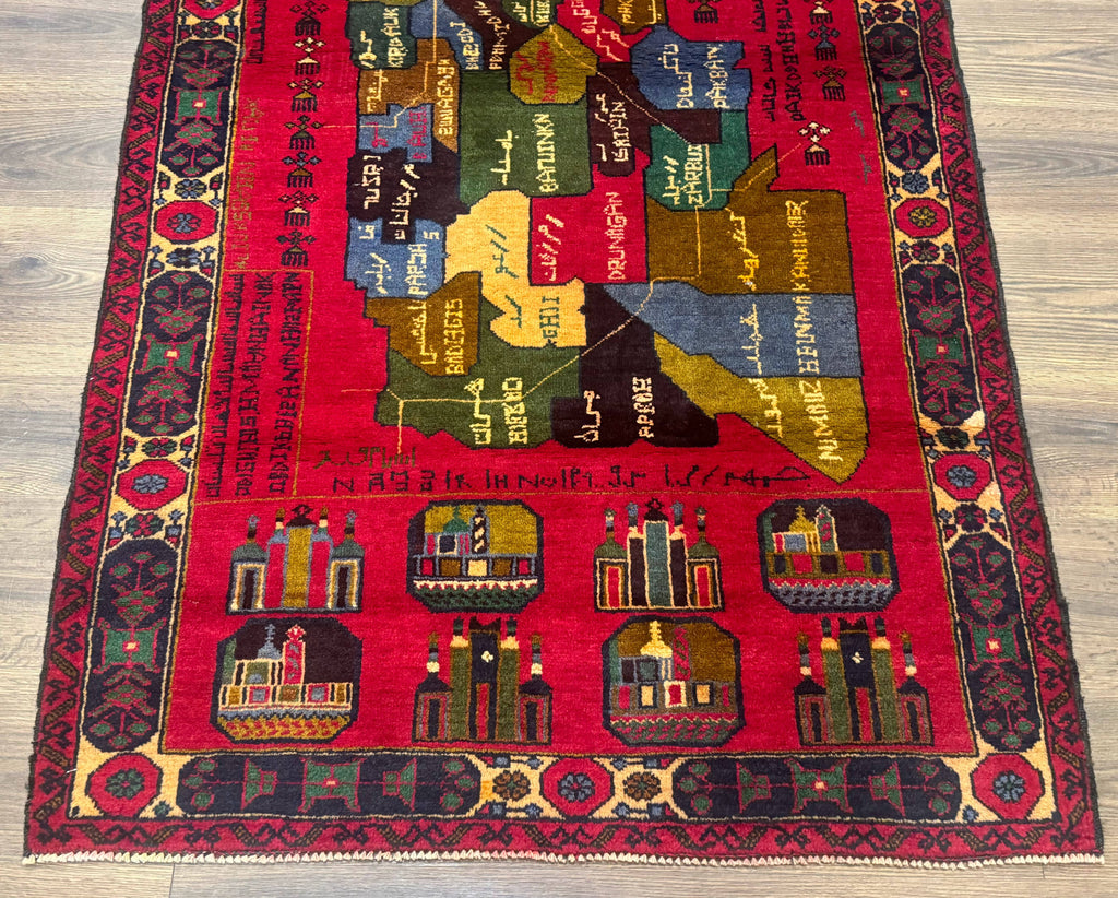 Red Afghan Balouch Rug 3x7, Tribal, Map of Afghanistan Depiction, Handmade, New