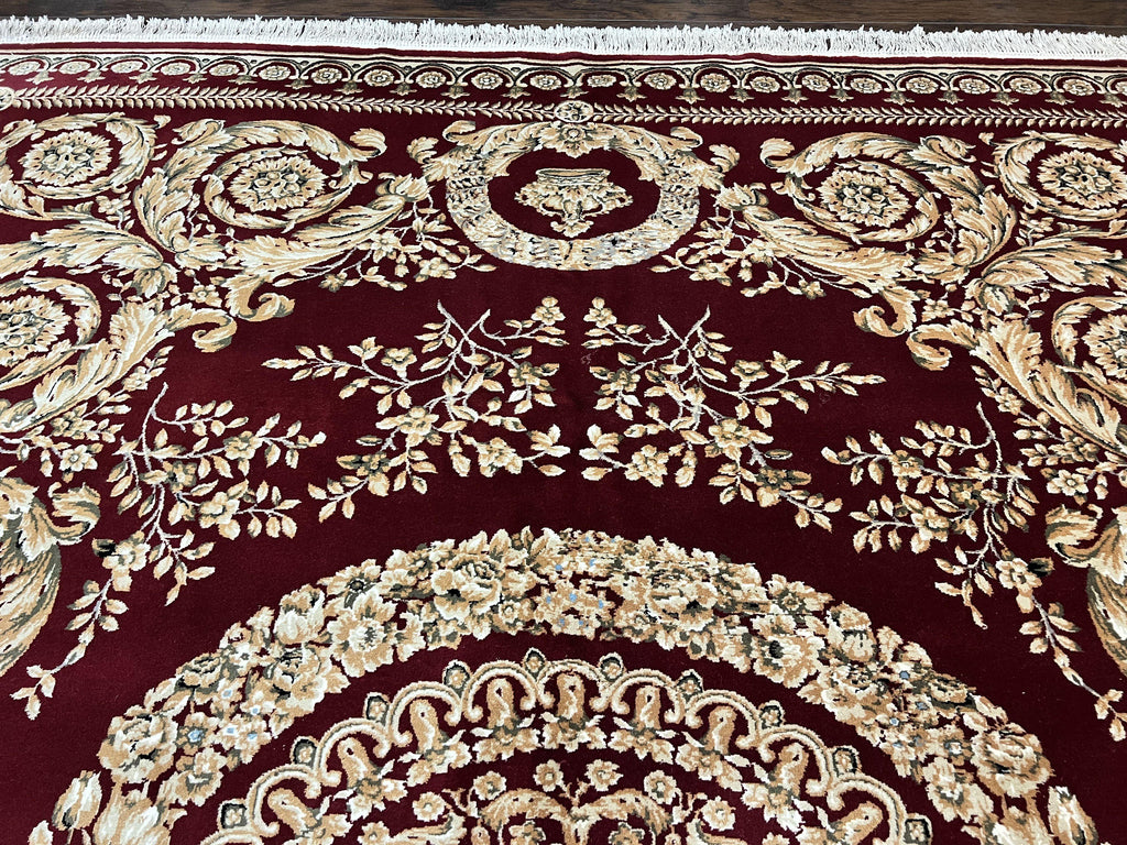 Aubusson Rug 9x12, Wool Handmade Carpet, Elegant French European Design, Dark Maroon Red, 9 x 12 Room Sized Rug, Finely Hand Knotted