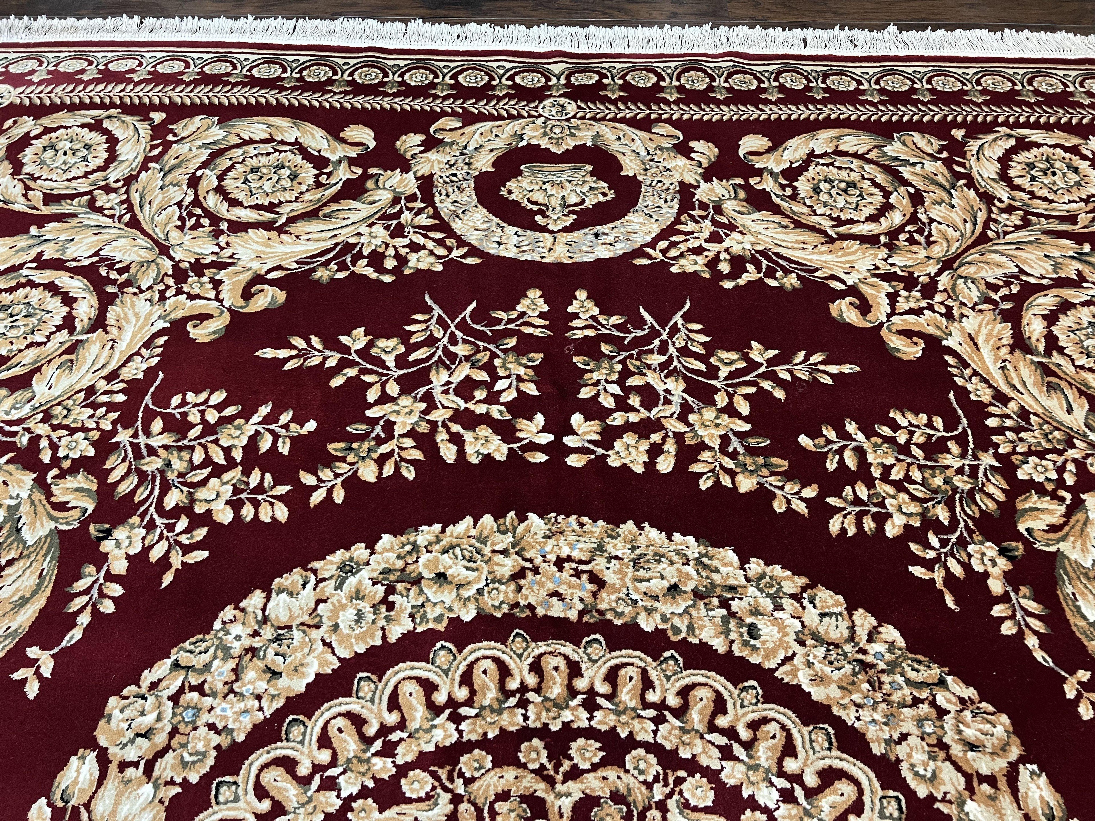 Aubusson Rug 9x12, Wool Handmade Carpet, Elegant French European Design, Dark Maroon Red, 9 x 12 Room Sized Rug, Finely Hand Knotted