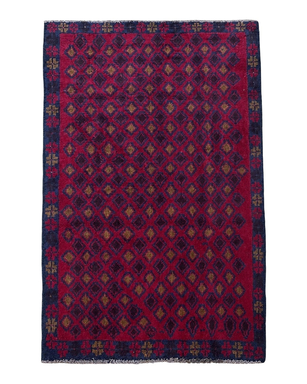 3x5 New Vintage Handmade Tribal Wool Rug Balouch Rug Afghan Rug Red Blue Diamond