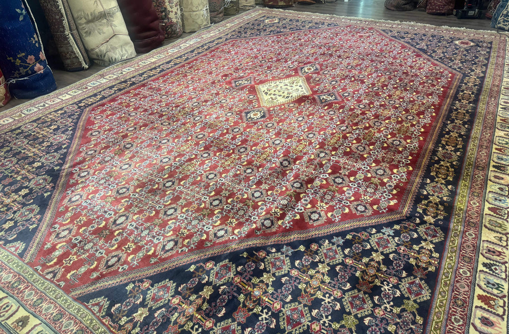 Palace Size Persian Shiraz Rug 13x19, Tribal Rug, Herati Pattern, Brick Red Navy Blue Beige, Oversized Persian Wool Area Rug, Extra Large