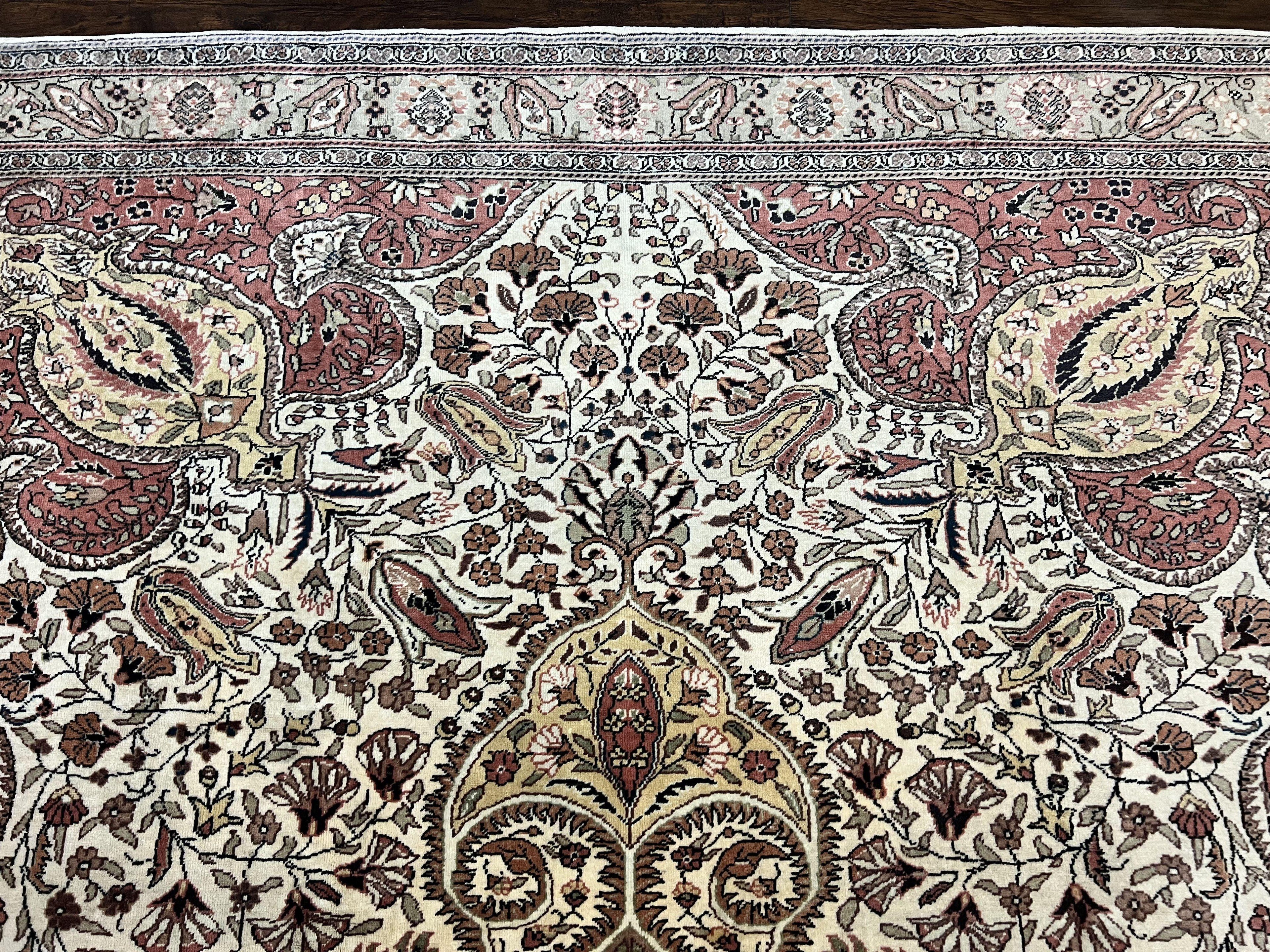 Turkish Sivas Rug 9x12, Handmade Vintage Wool Carpet, Cream Ivory