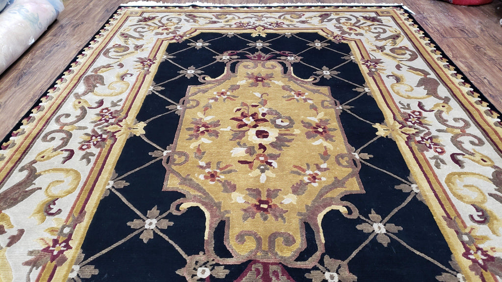 6x9 Nepalese Rug, Aubusson Savonnerie Area Rug 6 x 9 with Soft Pile, Hand-Knotted Wool Black & Beige Tibetan New Carpet European Design