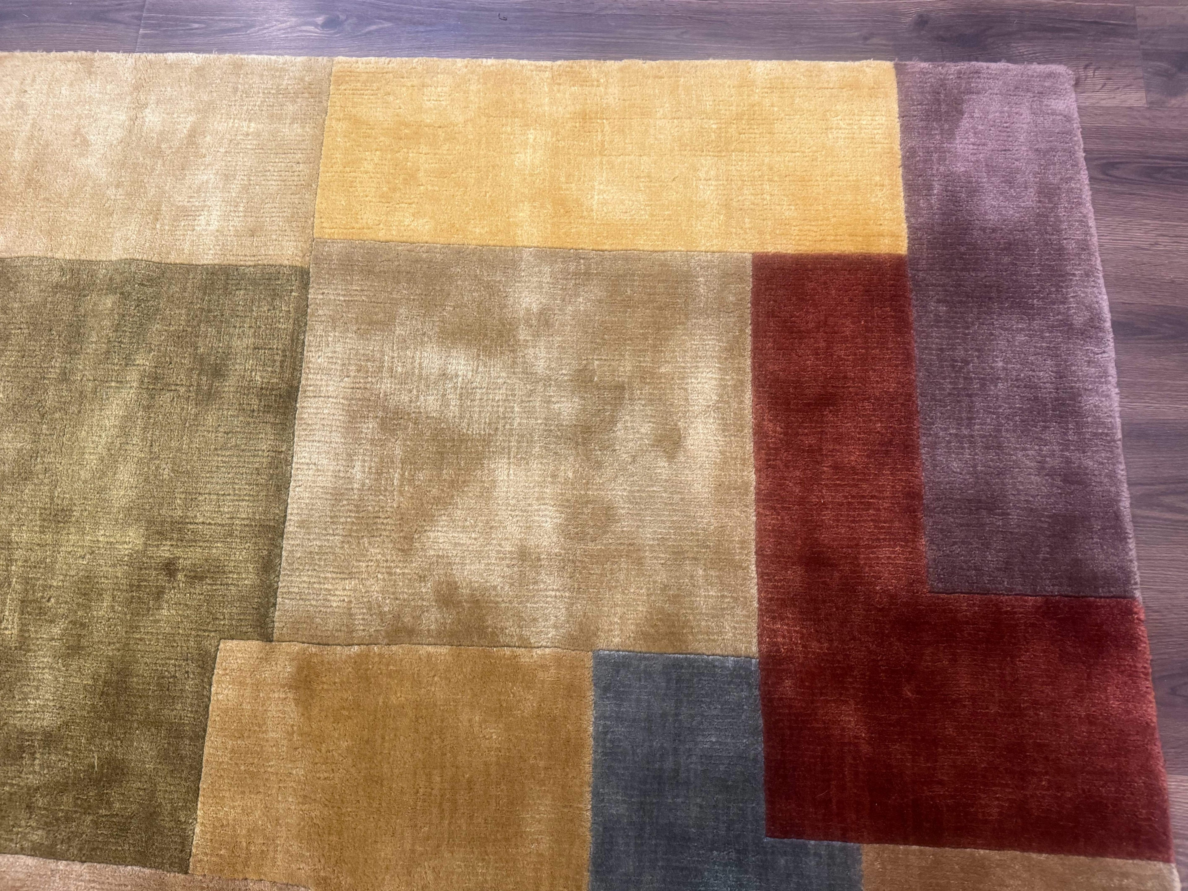 Modern Tibetan Wool Rug 8x10, Multicolor, Thick Pile, Contemporary, Nepali, Handmade