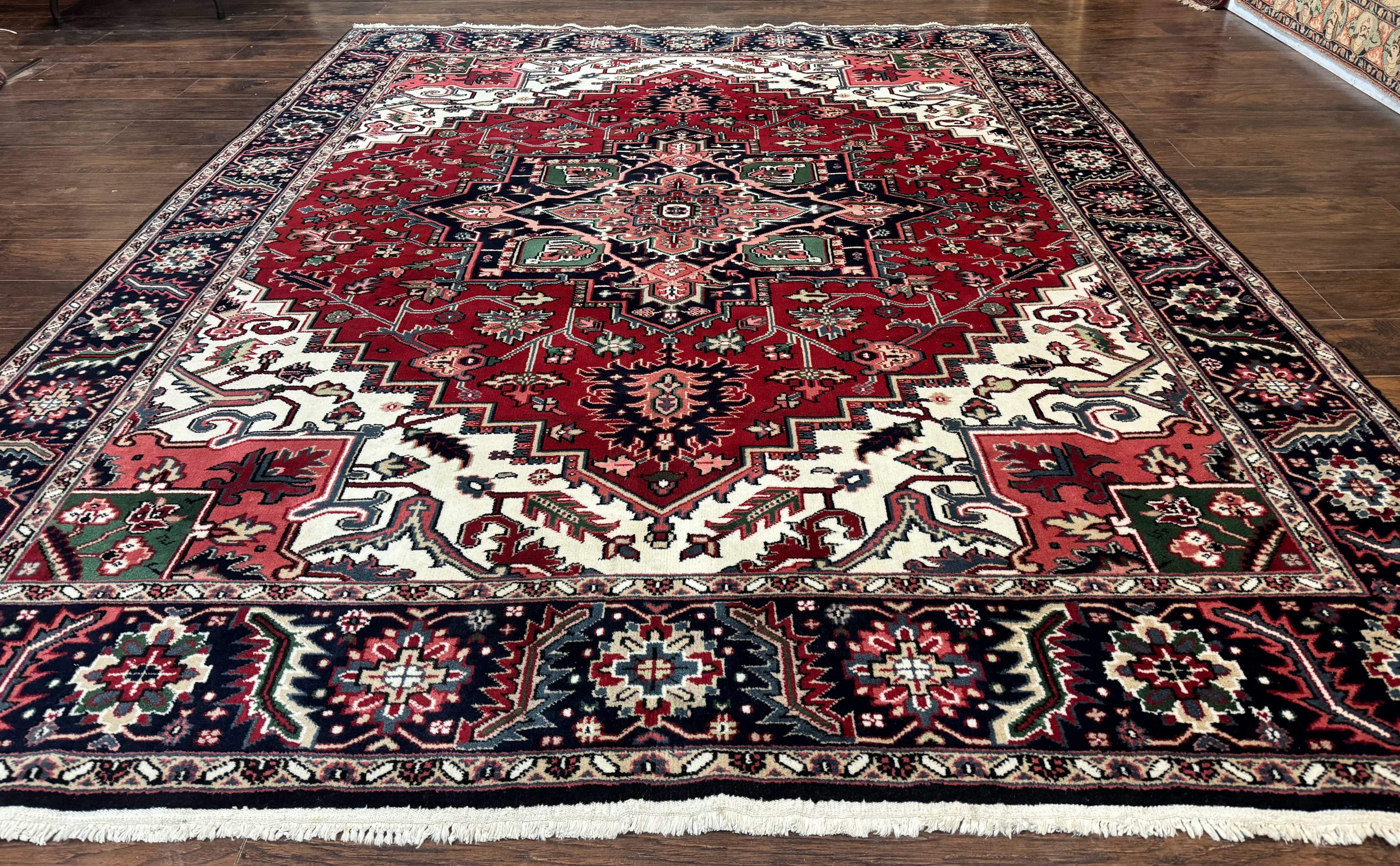 Indo Persian Heriz Rug 8x10, Geometric Medallion, Brick Red Ivory Navy Blue, Room Sized Heriz Carpet, Wool Rug