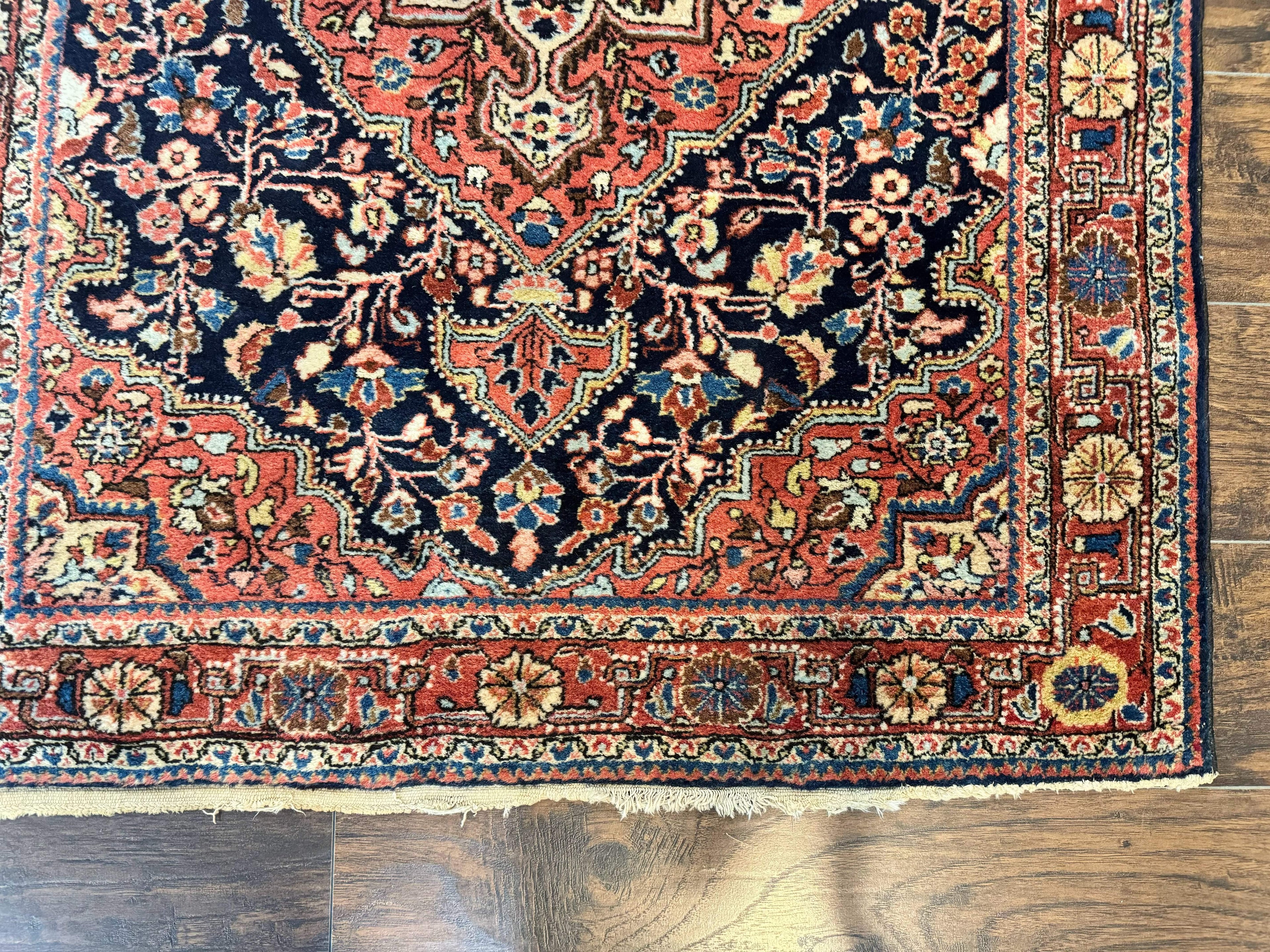 Persian Sarouk Rug 3.6 x 5, Medallion Rug, Red and Midnight Blue, Handmade Semi Antique Vintage Wool Carpet