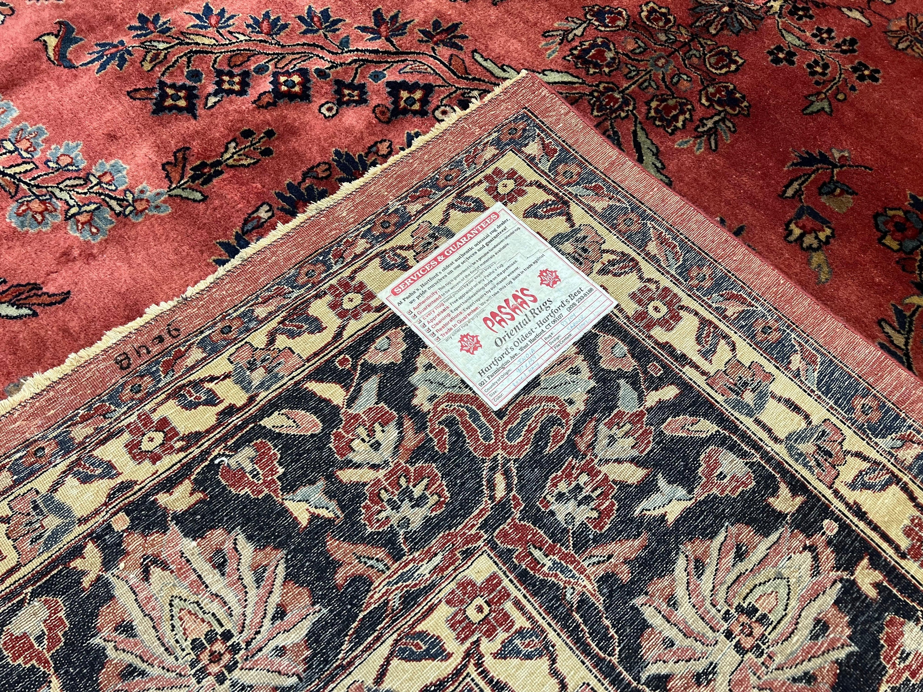 Indo Sarouk Rug 10x14, Vintage Indian Persian Area Rug 10 x 14, Wool Hand-Knotted Oriental Carpet, Red Floral Allover Large Rug, Beautiful