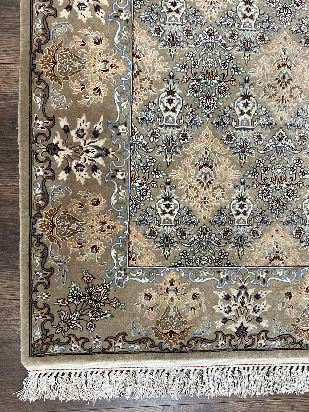 Super Fine Persian Isfahan Rug 3x5 ft, Kork Wool on Silk Foundation, Repeated Floral Motif, Taupe Tan Hand Knotted Oriental Carpet 3 x 5 ft, Signed