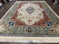 Indo Persian Rug 9x12, Ivory Red Green, Traditional Oriental Carpet