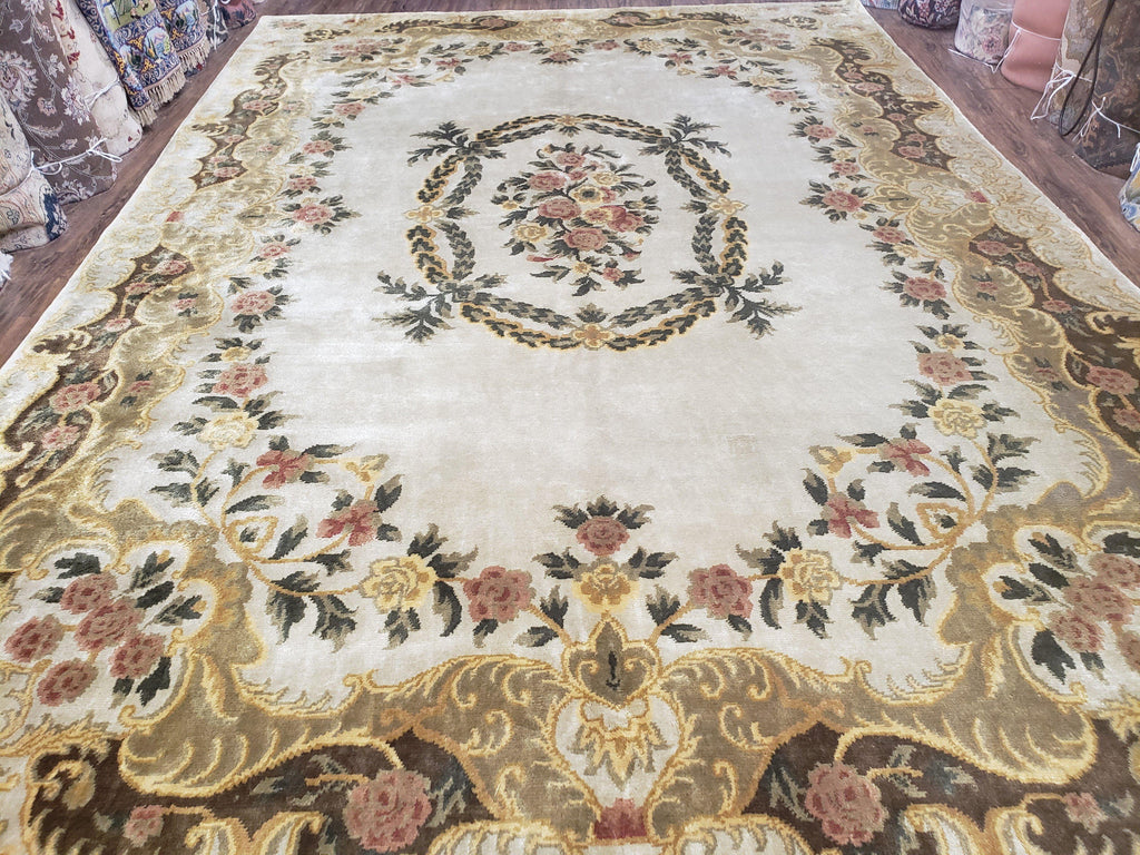 Aubusson Rug 10x14, Elegant French European Design, Vintage Handmade Carpet with Pile, Beige Floral Dining Room Rug, Living Room, Soft Wool