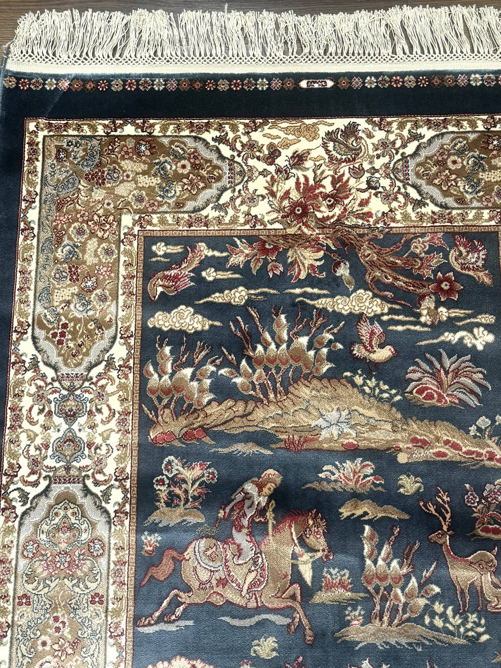 Turkish Silk Hunting Scene Rug 2.6 x 5, Dark Steel Blue & Ivory, Bamboo Silk, New