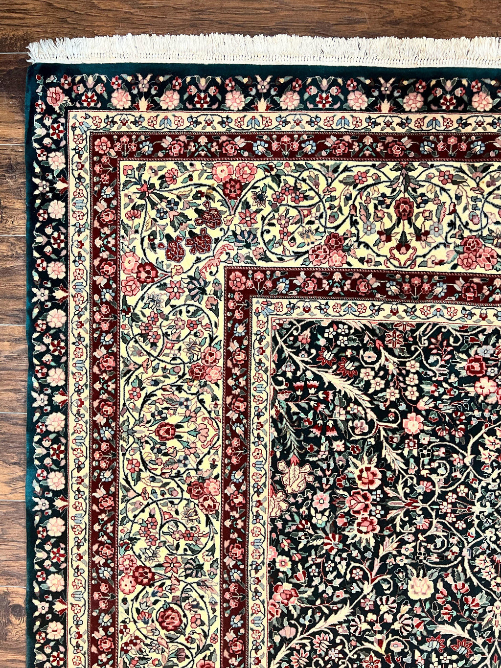 Large Sino Persian Rug 10x14, Wool Hand Knotted Vintage Carpet, Dark Green & Beige, Kirman Floral Rug, Fine Weave, Traditional, Large