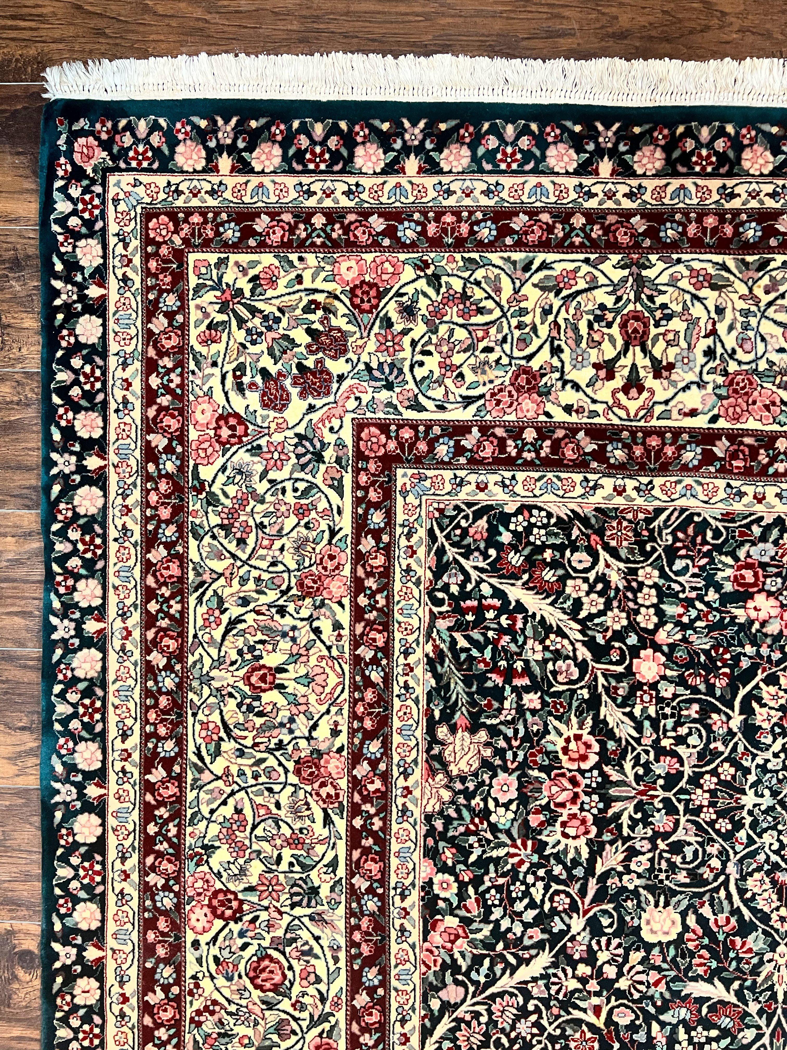 Large Sino Persian Rug 10x14, Wool Hand Knotted Vintage Carpet, Dark Green & Beige, Kirman Floral Rug, Fine Weave, Traditional, Large