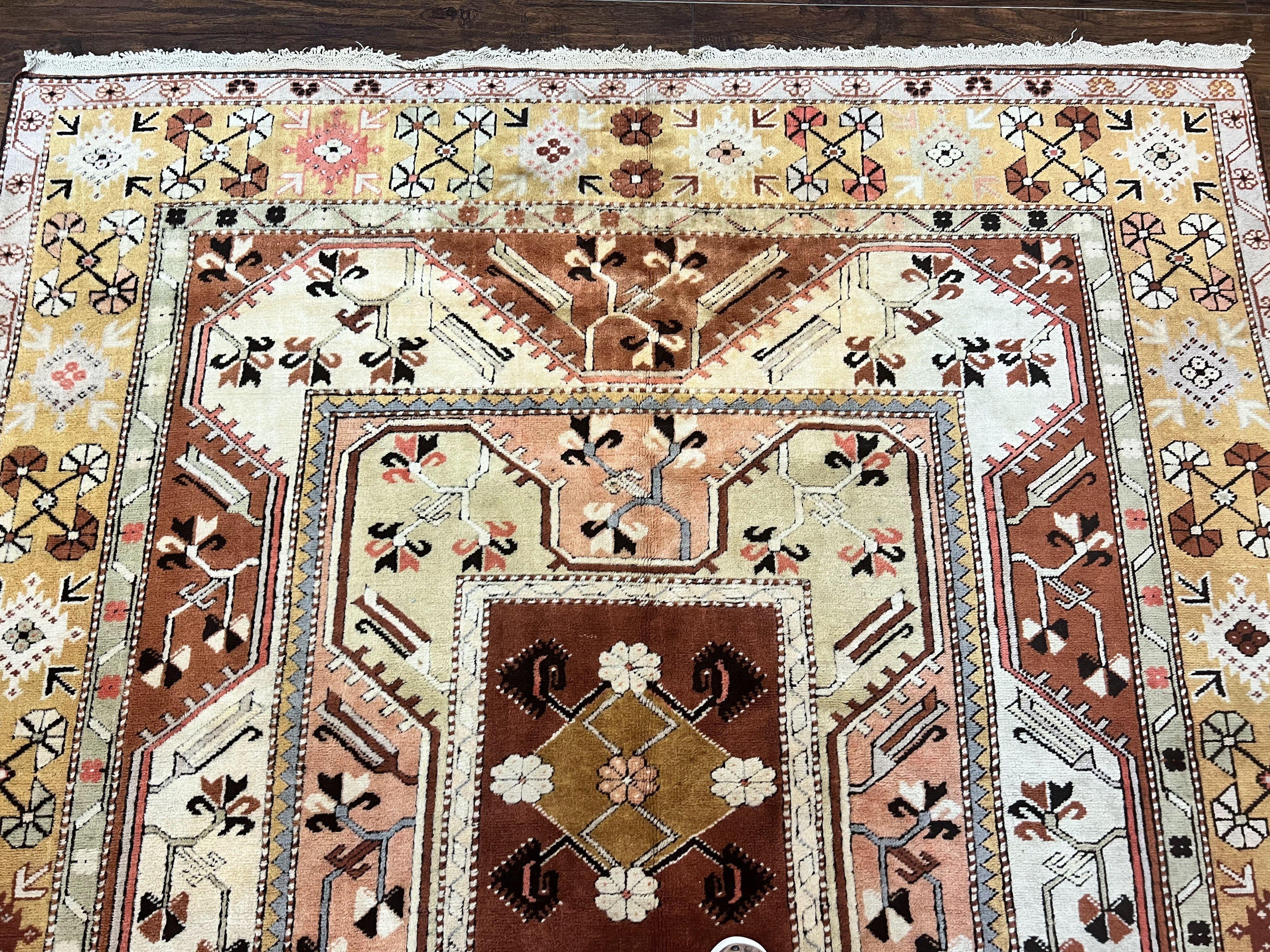 Turkish Rug 7x10, Wool Hand Knotted Vintage Carpet, Geometric Kazak Pattern