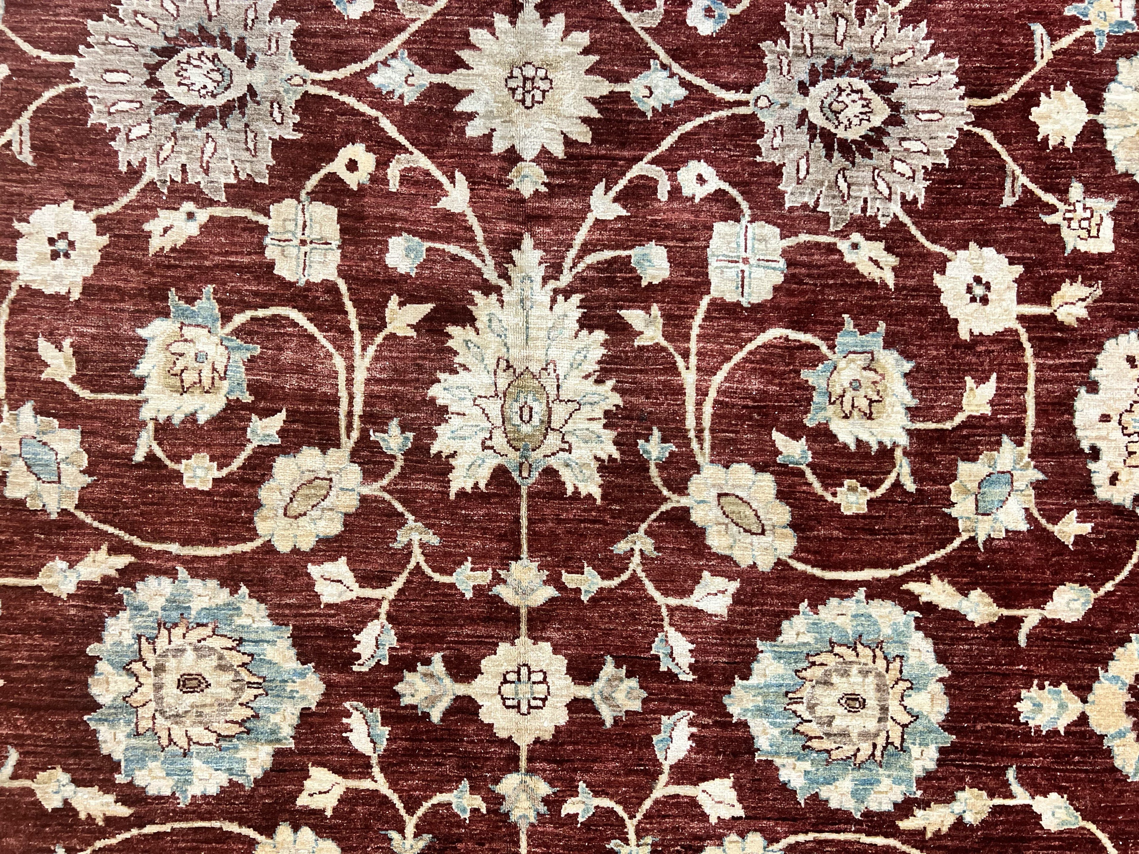 Peshawar Rug 9x11, Pakistani Oriental Carpet, Maroon and Beige, Floral Allover, Wool Hand Knotted Handmade Vintage Rug