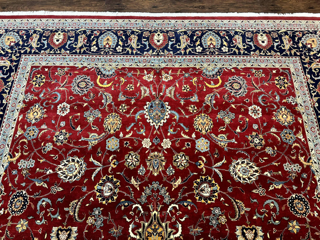 Pak Persian Rug 9x12, Red and Navy Blue, Floral Allover, Hand Knotted Vintage Wool Carpet, Fine 260 KPSI