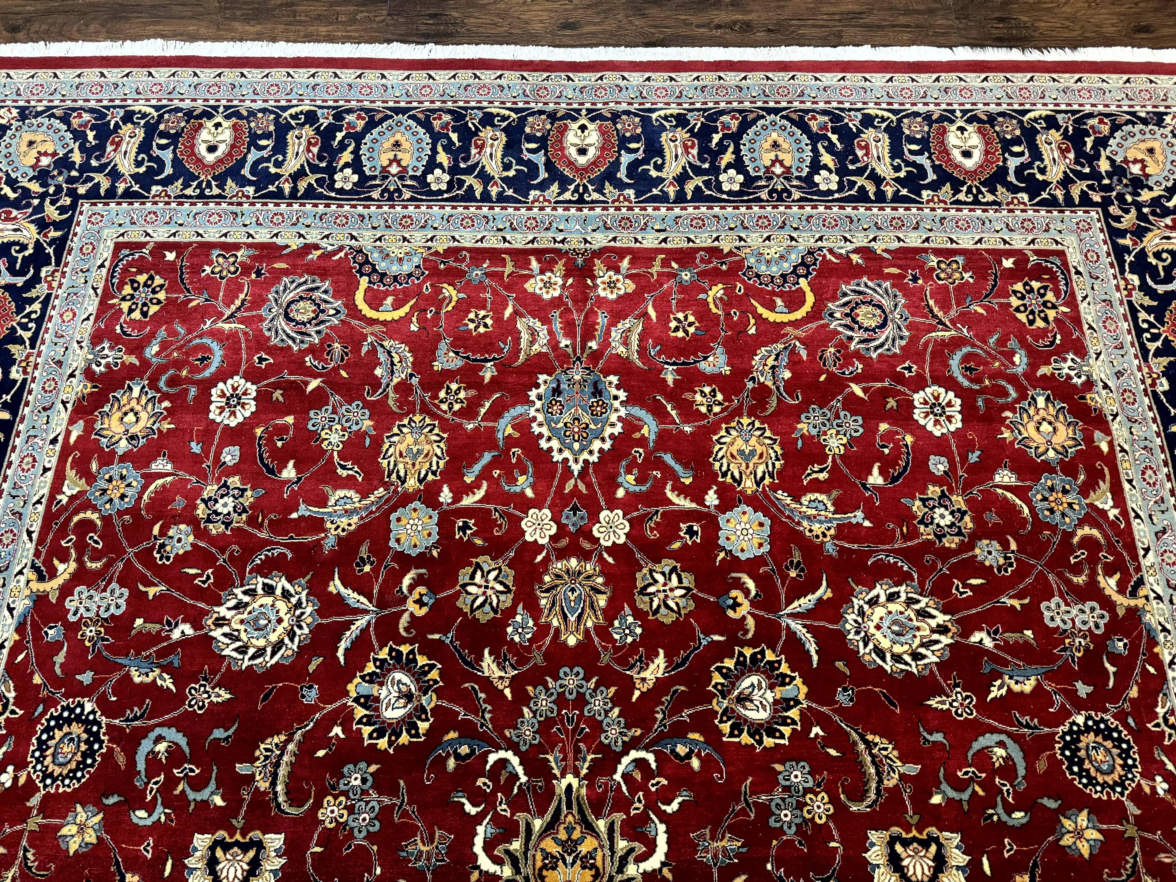 Pak Persian Rug 9x12, Red and Navy Blue, Floral Allover, Hand Knotted Vintage Wool Carpet, Fine 260 KPSI
