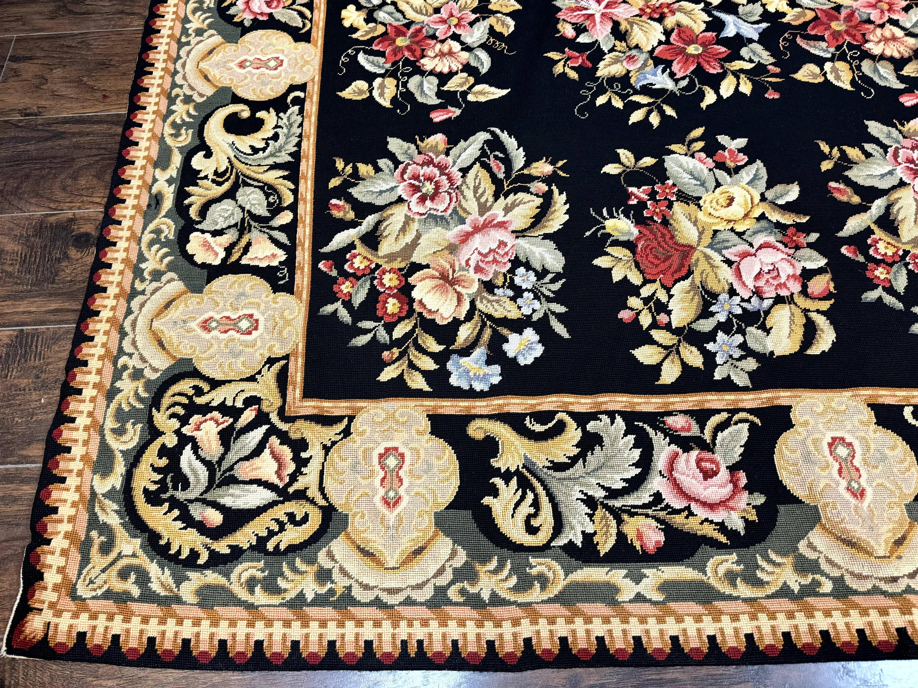 Palace Size Needlepoint Rug 12x16, Black and Colorful, Floral Panel, Handmade Oversized Wool Needlepoint Carpet, Rare