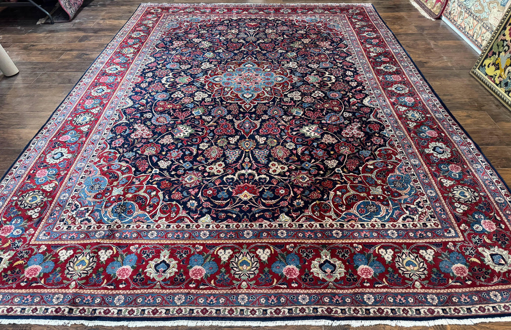 Navy Blue Persian Rug 9x12, Antique Persian Carpet, Kork Wool, 200 KPSI, Persian Kashan Rug