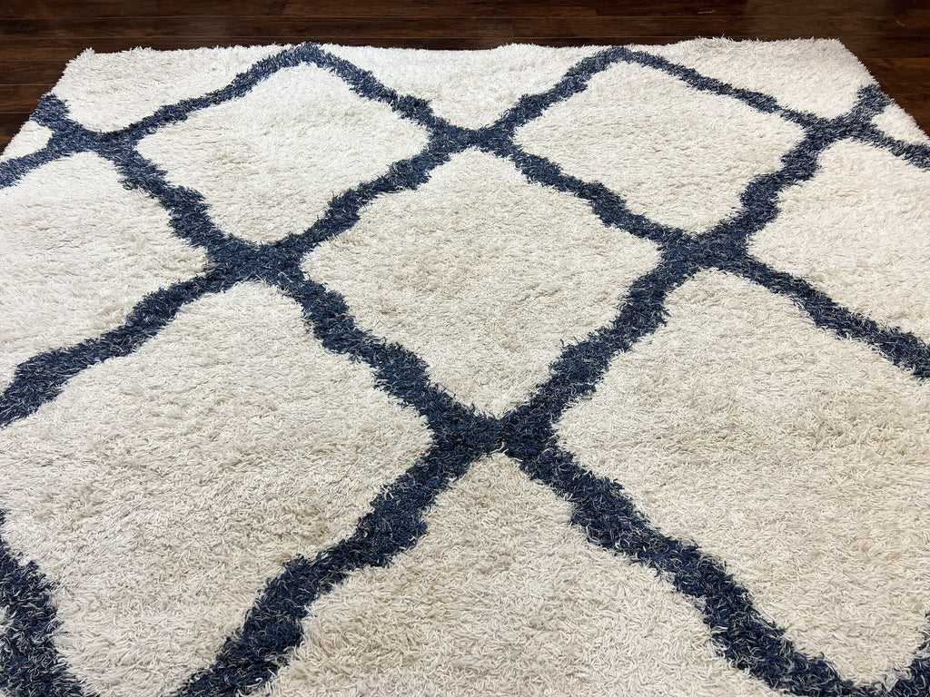 Modern Shag Rug 9x12, Ivory and Dark Blue, Diamond Pattern, Soft, Room Sized, Contemporary Rug, Plush