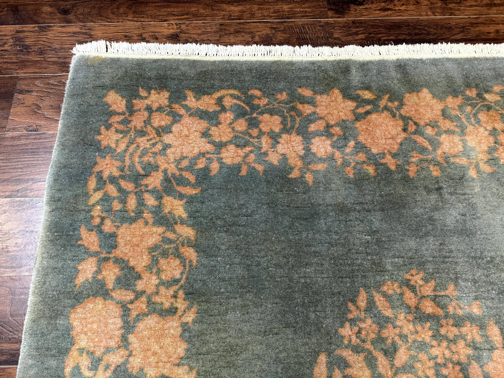 Teal Chinese Wool Rug 6x8, Vintage Handmade Carpet, Floral, Semi Open Field