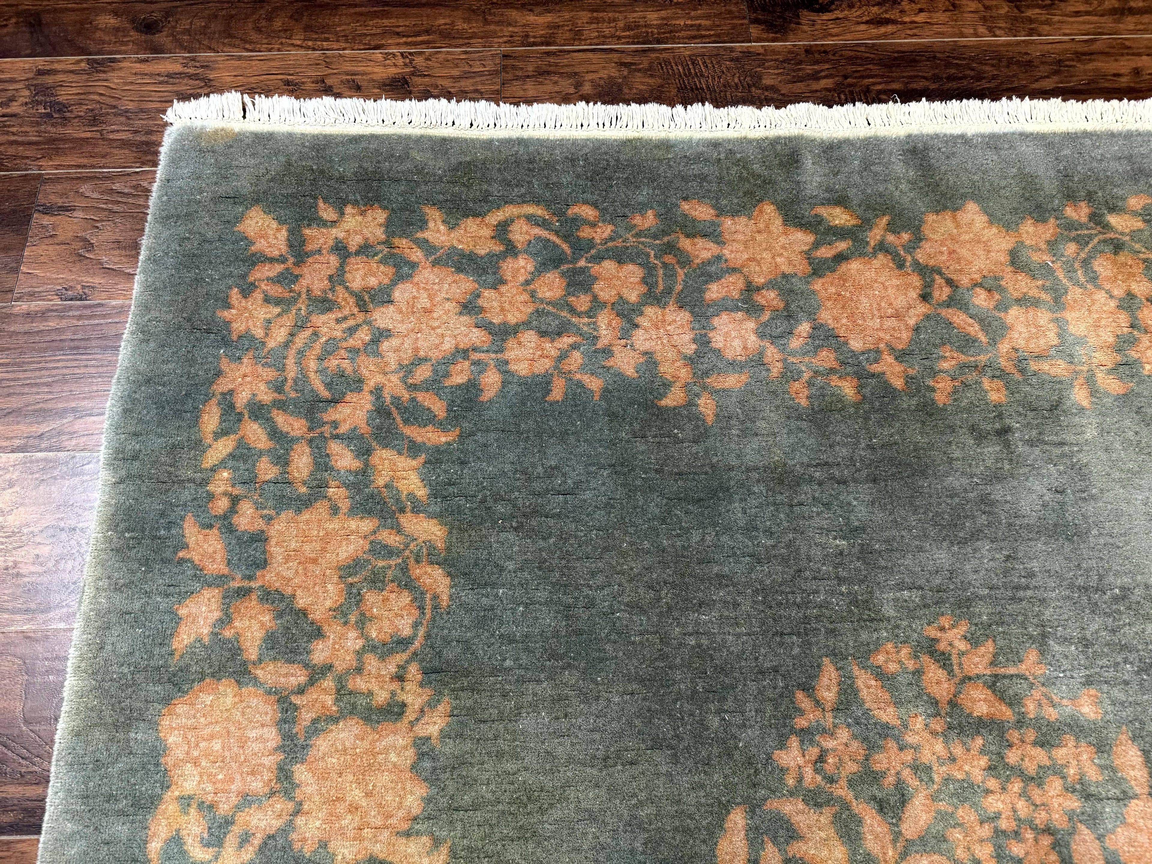 Teal Chinese Wool Rug 6x8, Vintage Handmade Carpet, Floral, Semi Open Field