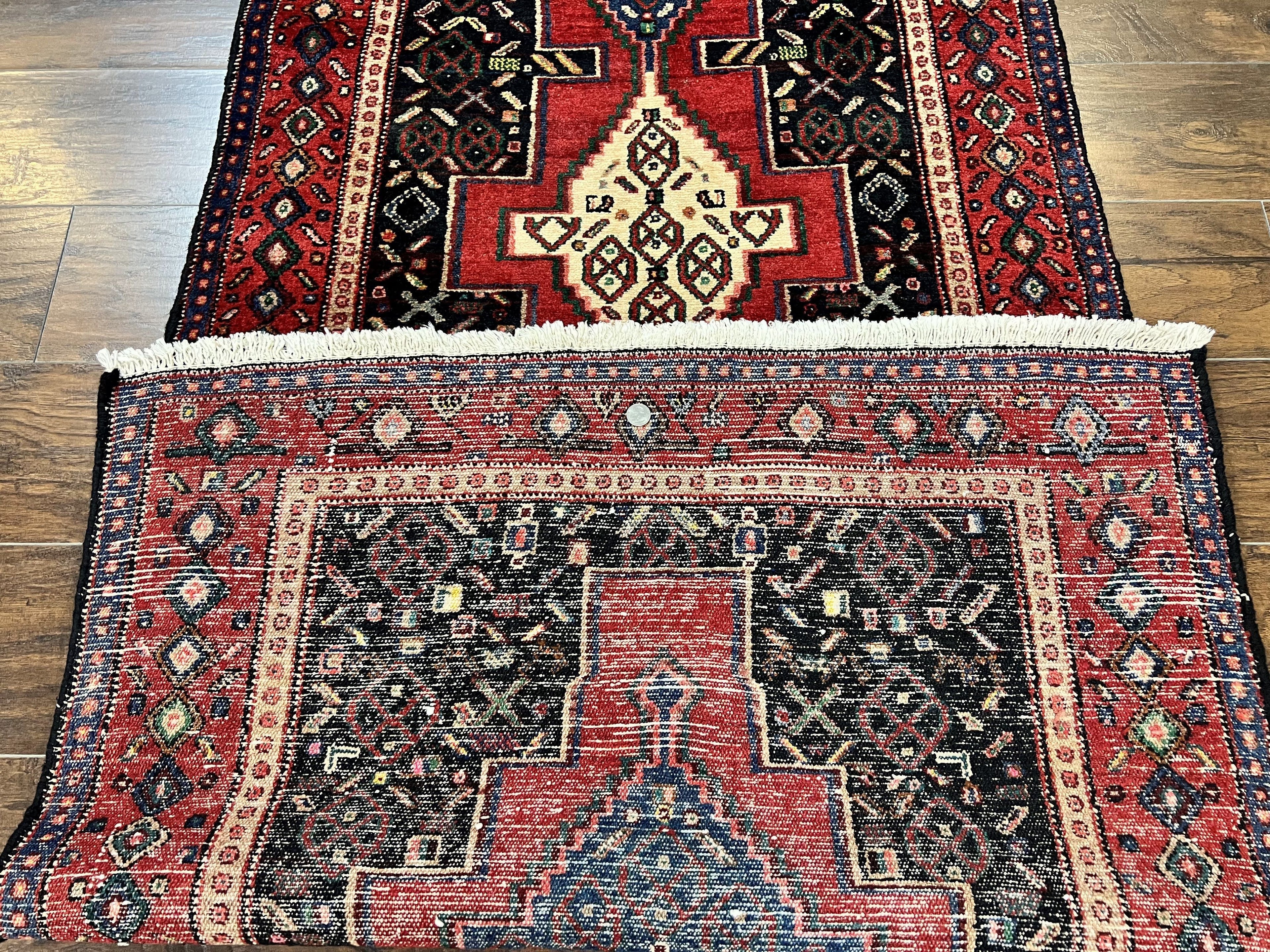 Persian Kurdish Senneh Runner Rug 3x9, Red Navy Blue, Medallions Wool Tribal Runner for Kitchen/Hallway 9ft Antique Handmade Oriental Runner