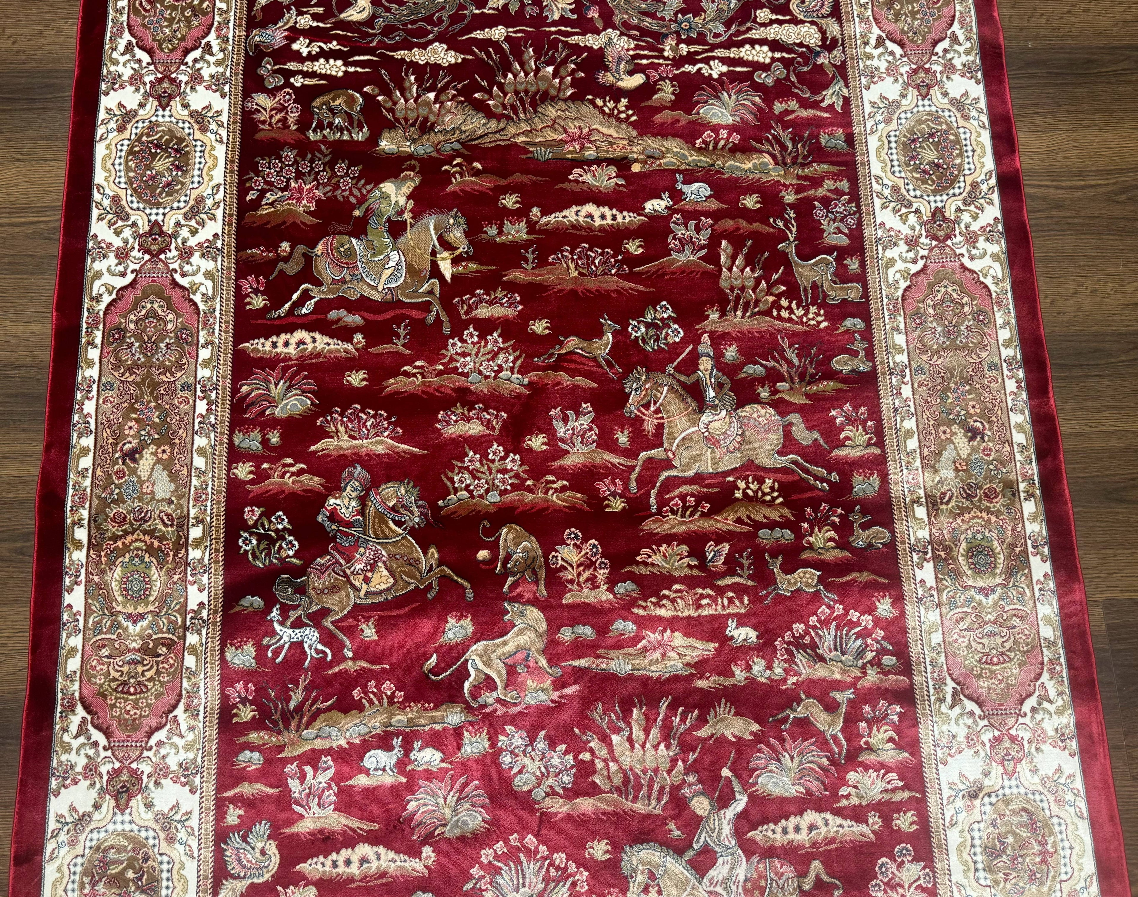 Turkish Silk Hunting Design Rug 4x6, Dark Red & Ivory, Bamboo Silk, New