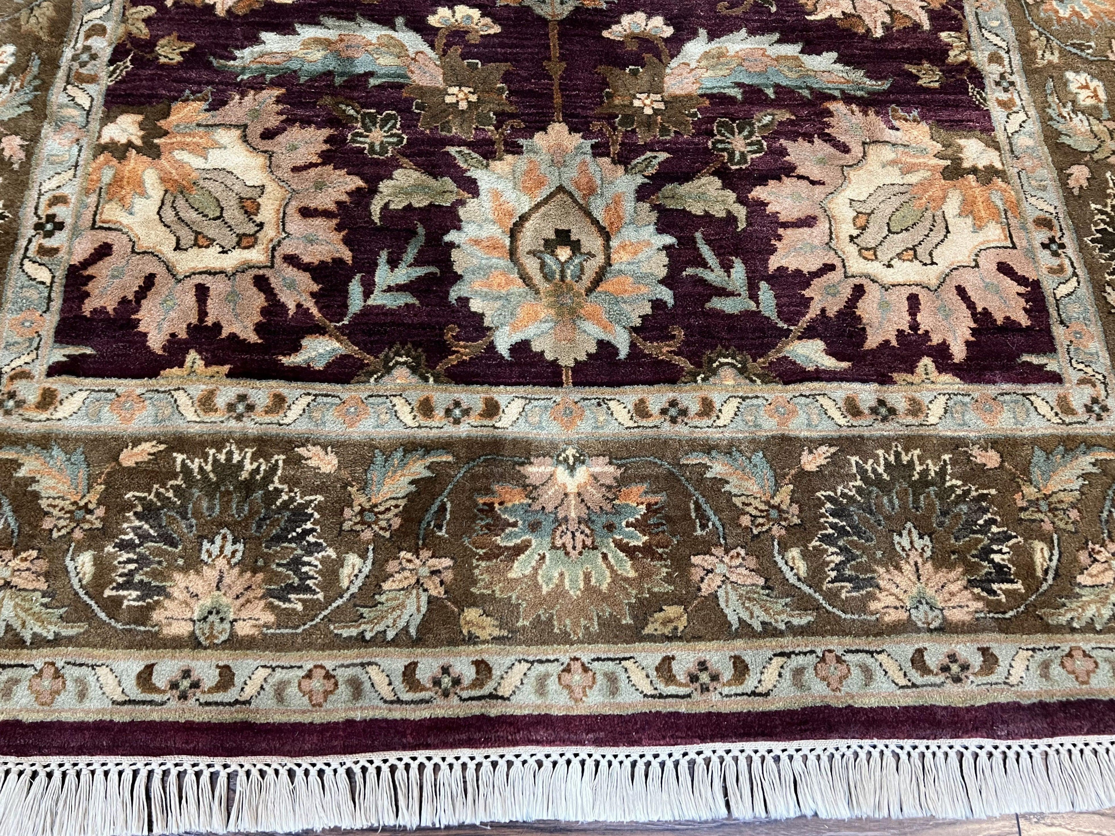 Indo Mahal Rug 6x9, Large Flowers Allover, Maroon and Green, Handmade Wool Area Rug, Vintage Rug, Indian Oriental Carpet, Hand Knotted Rug