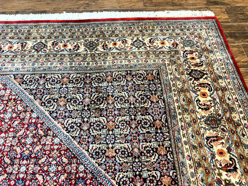 Square Indo Persian Bidjar Rug 10x10, Red, Handmade Vintage Wool Carpet