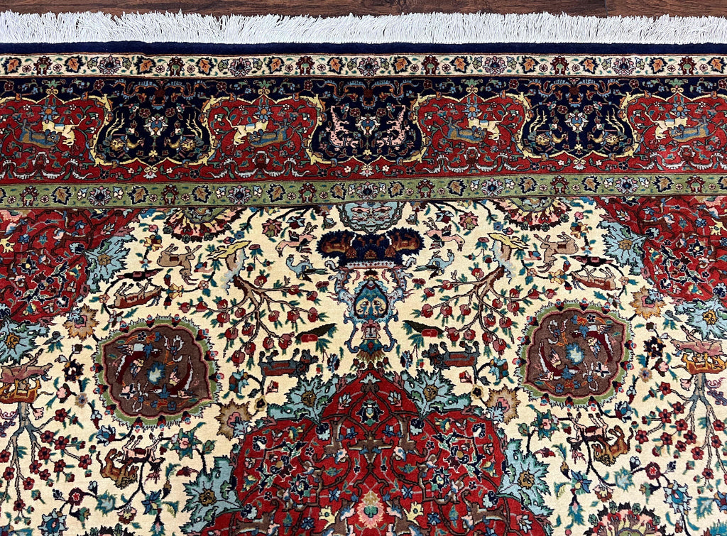 Wonderful Sino Persian Rug 6x10 with Animal Pictorial Motifs, Cream Dark Red Navy Blue, Birds Gazelles, Two Medallions, Top Quality Handmade