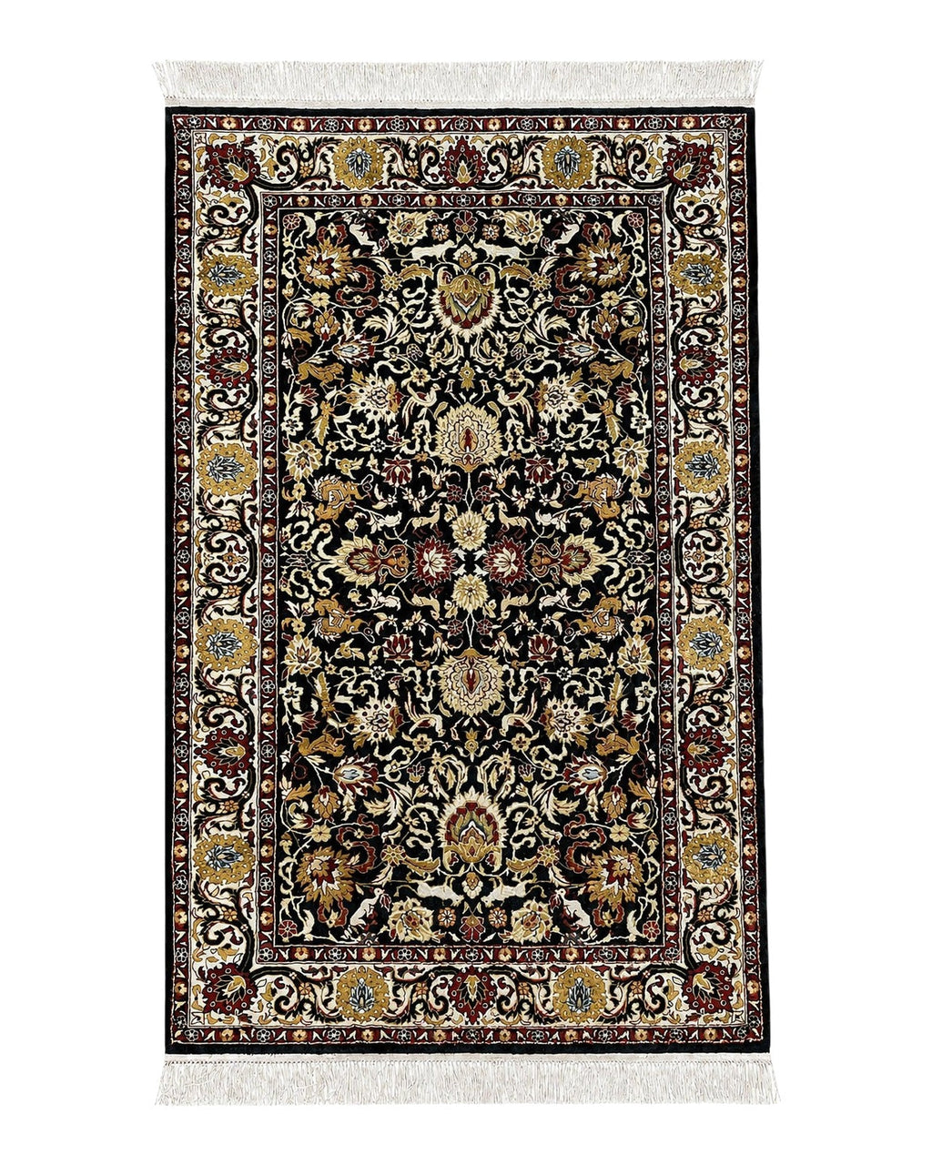 Sino Persian Silk Rug 3x5 Oriental Carpet 3 x 5 Fine Silk Rug, Black Ivory Gold, Animal Motifs, Flowers, High Quality, Vintage Silk Rug Wow