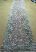 Indo Persian Runner Rug 2.8 x 12, Wool Hand Knotted, Pink and Light Blue
