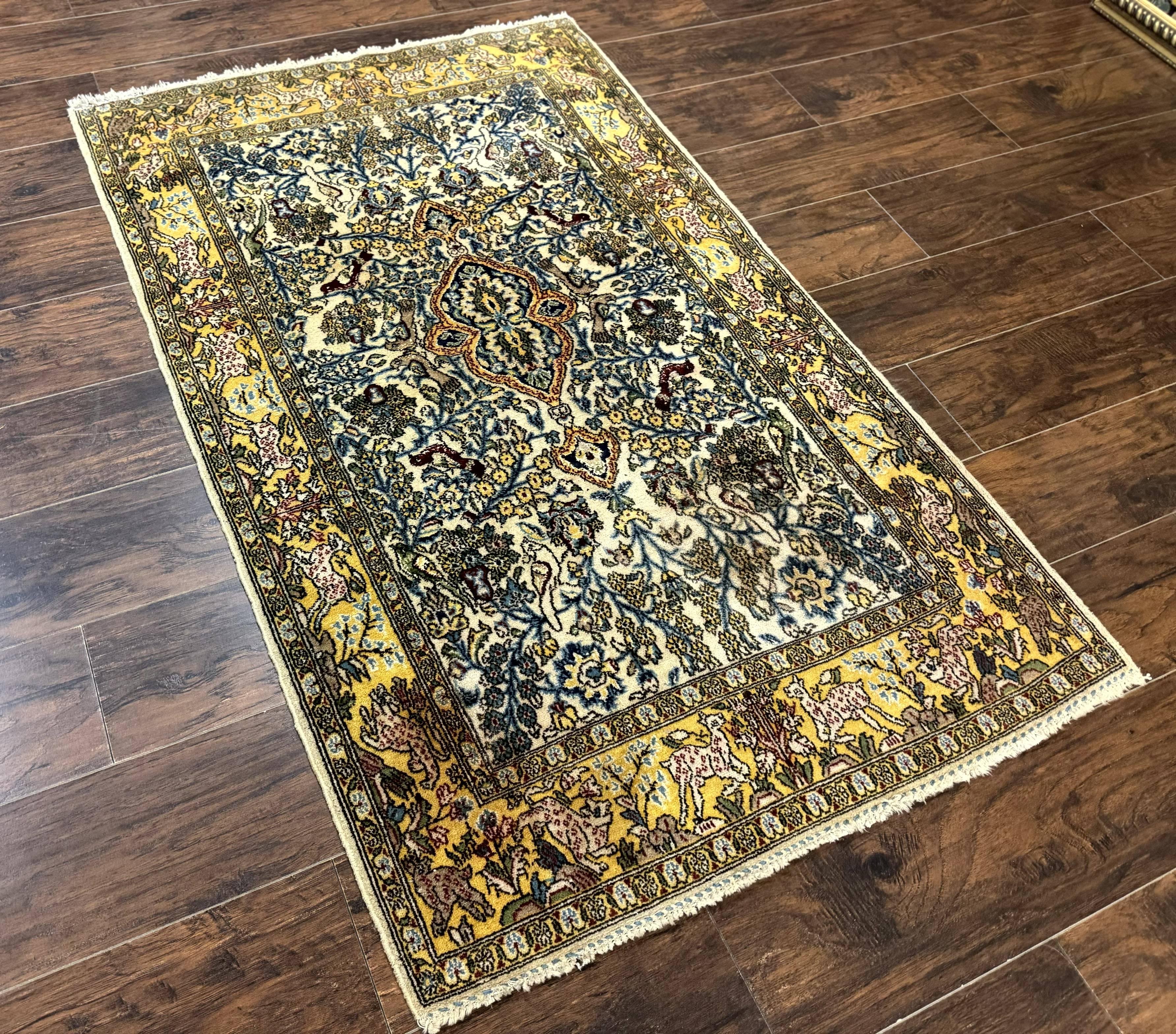 Persian Qum Tree of Life Rug 3.5 x 5.5, Animal Pictorials, Kork Wool with Silk Highlights