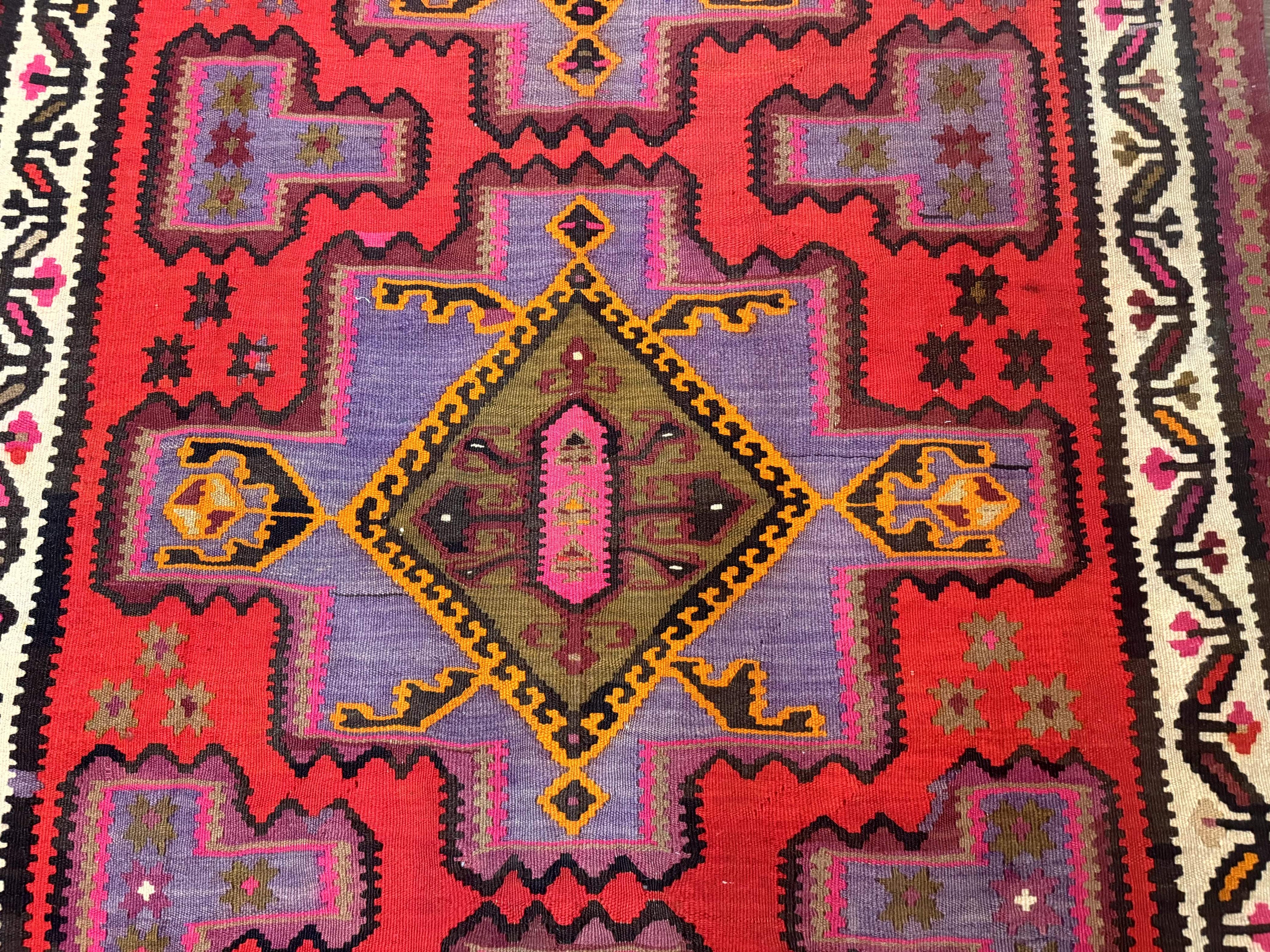 Persian Kurdish Zarand Kilim Rug 5x9, Red, Geometric Medallions, Wide Runner