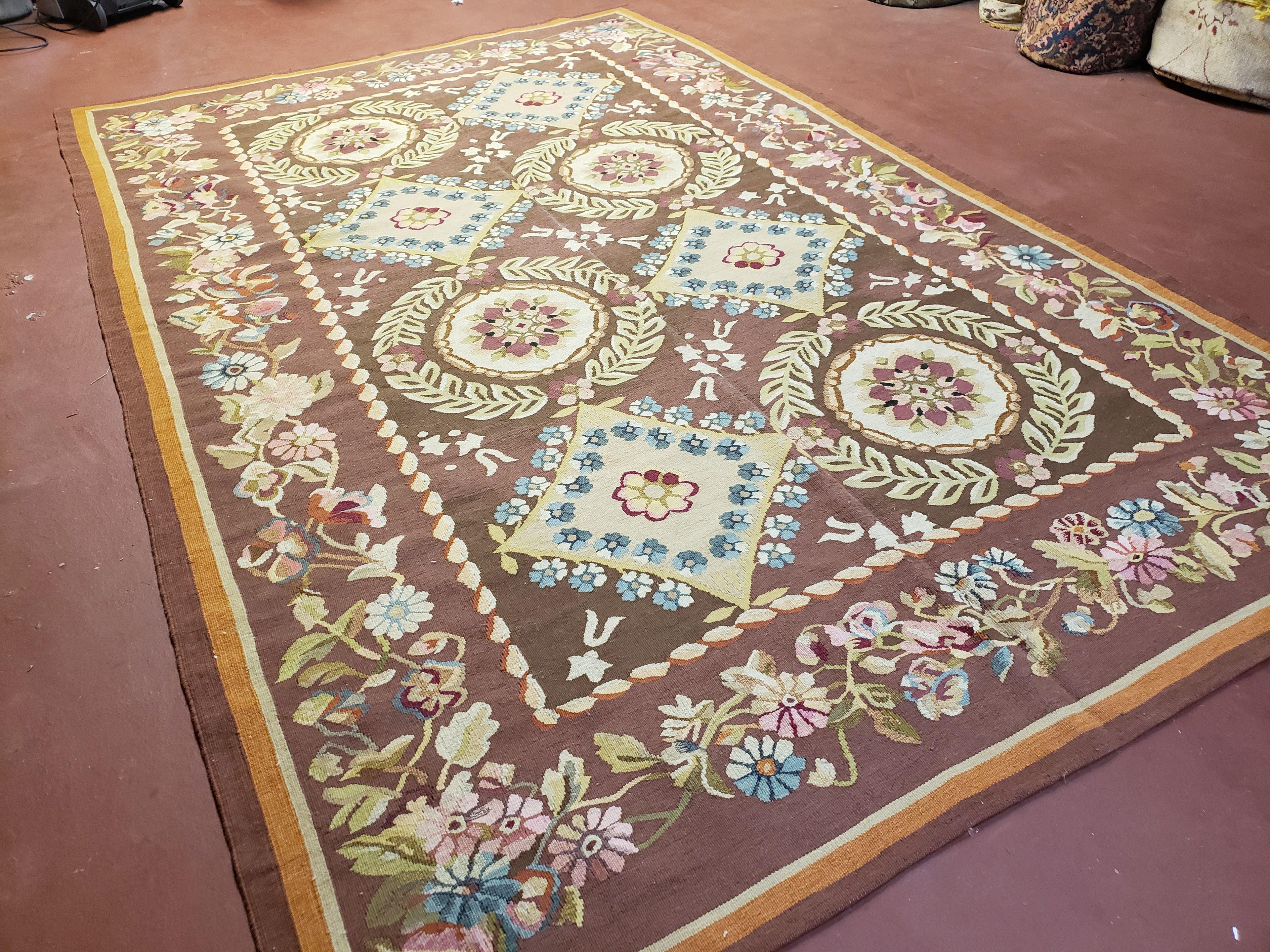 Aubusson Rug 6 x 9 Flat Weave Area Carpet European Design Flowers New Brown Rug Handmade Wool Hand-Knotted Aubusson Weave Medium Rug 6x9