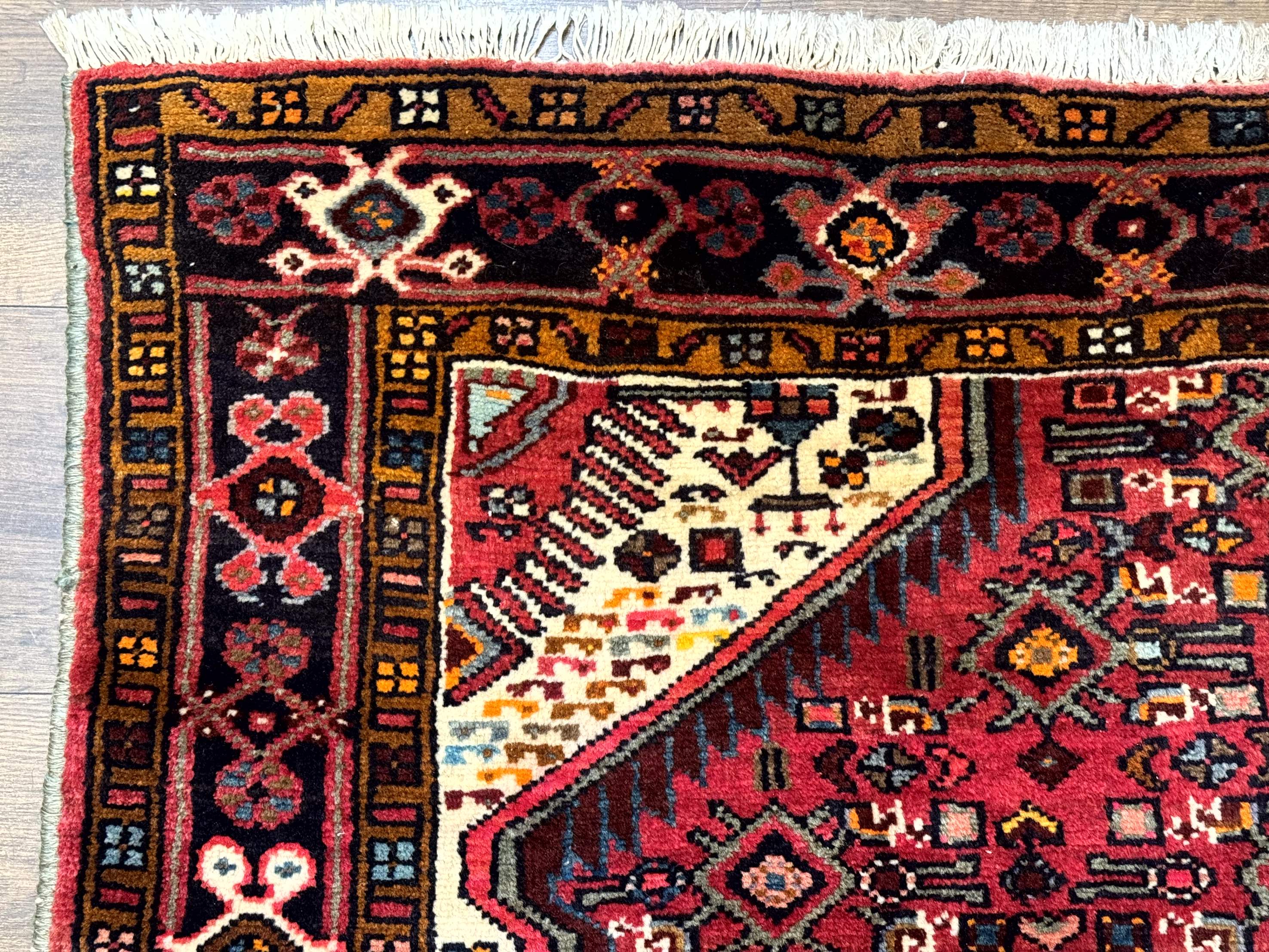 Persian Hamadan Rug 4x7, Tribal Village Malayer Carpet, Red and Ivory, Bohemian Antique