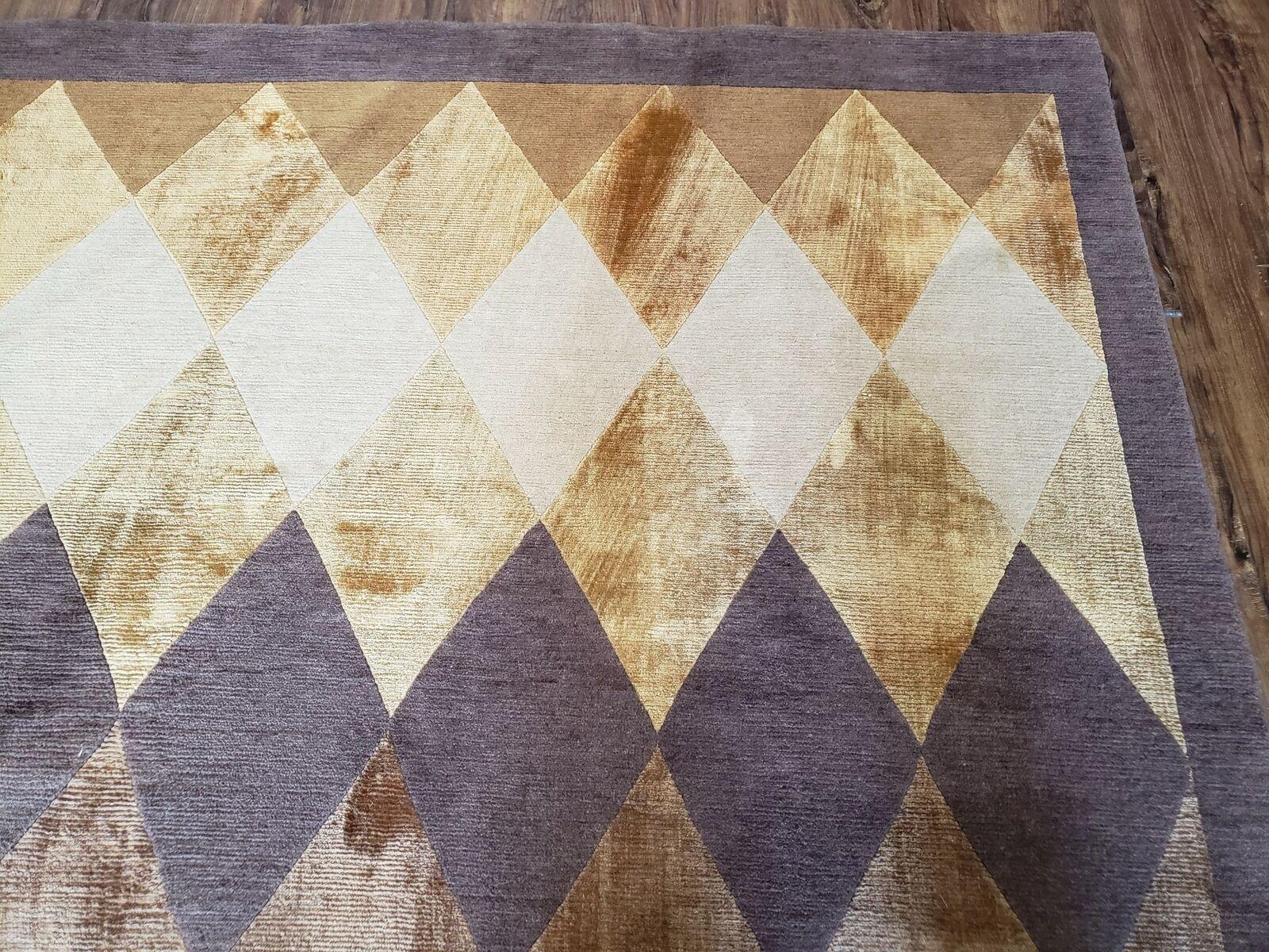 Modern Tibetan Rug 8.6 x 11, Wool and Silk, Multicolor, Diamond Panel Design