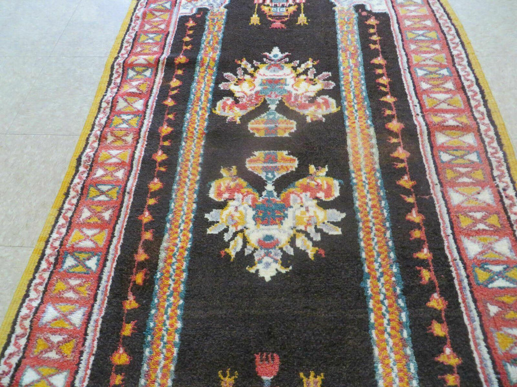 Antique Moroccan Runner Rug 3x7, Moroccan Prayer Rug, Double Mehrab Prayer Arches, Black and Red, Hand-Knotted Wool Carpet, Hallway Rug Nice