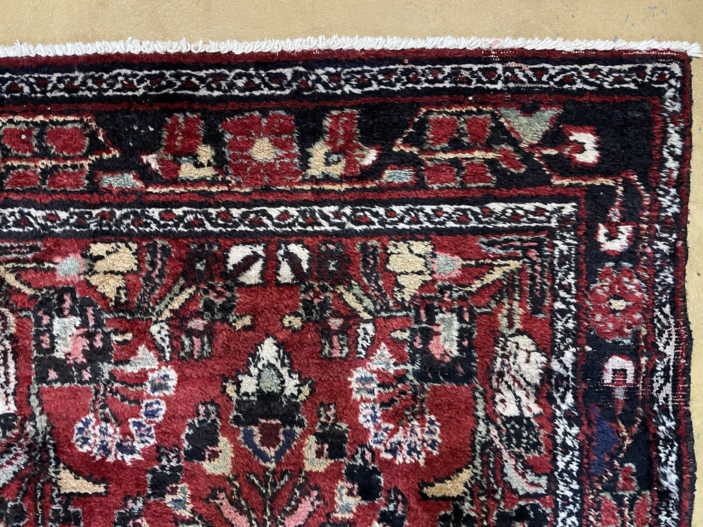Antique Persian Hamadan Runner Rug 3.4 x 9, Red, Handmade Wool Runner