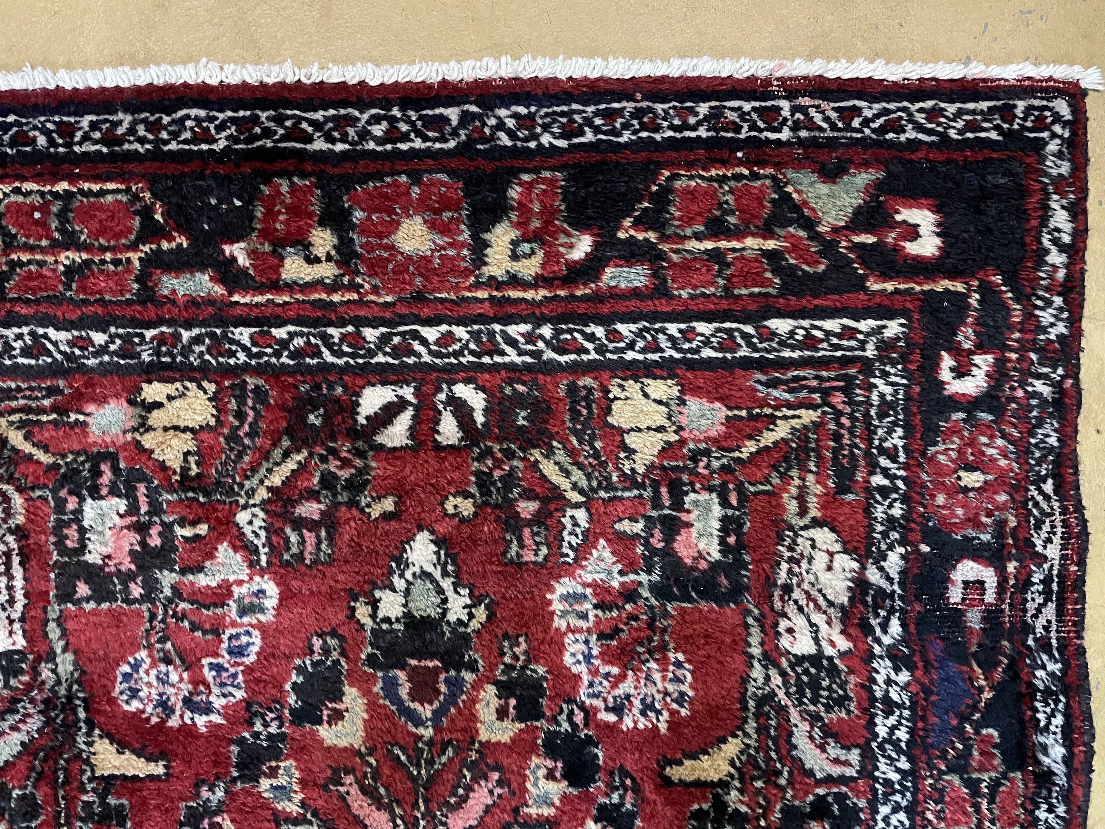 Antique Persian Hamadan Runner Rug 3.4 x 9, Red, Handmade Wool Runner