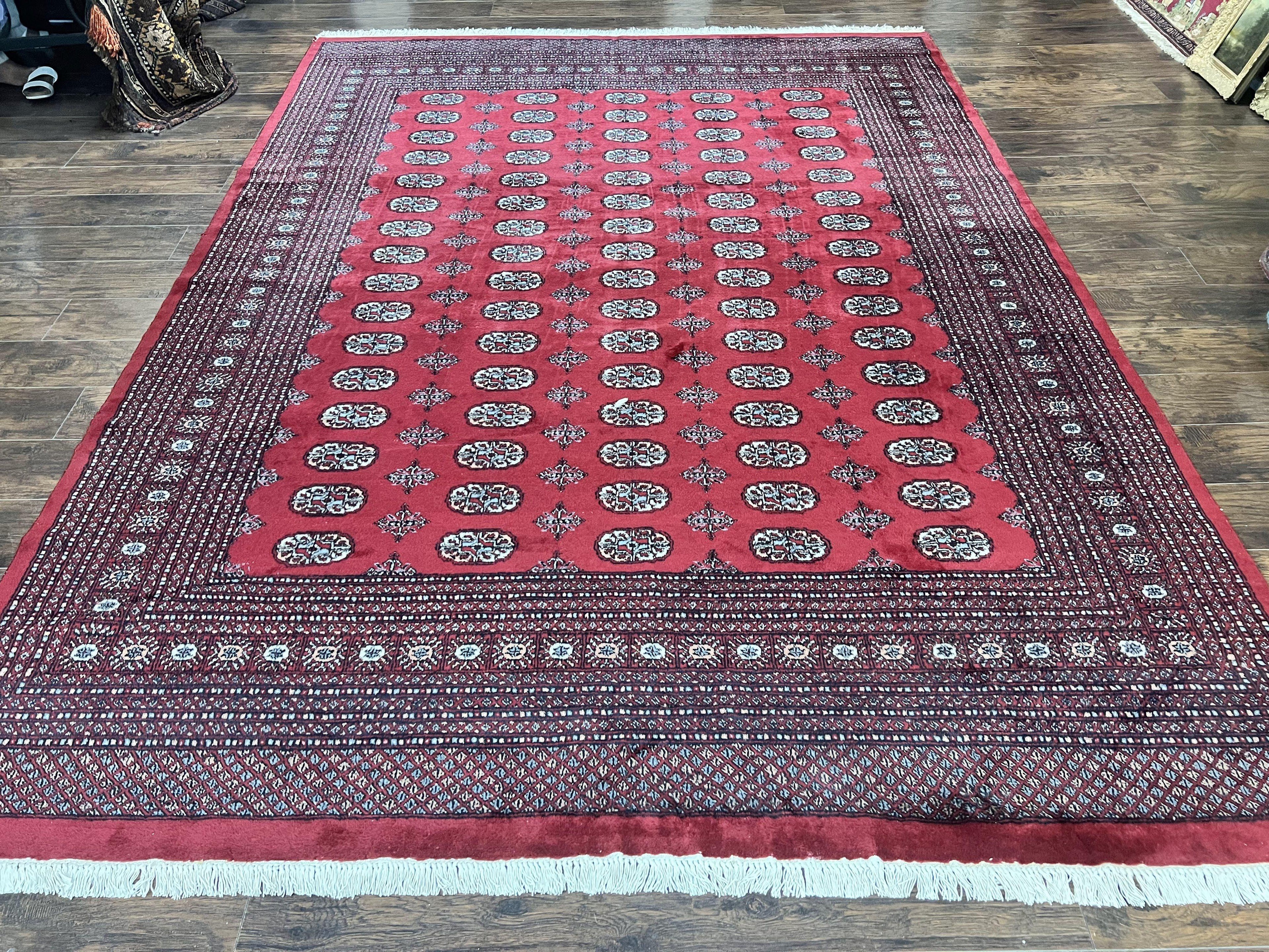 Turkoman Rug 8 x 11.6, Red Bokhara Pakistani Carpet, Wool Handmade Vintage Rug