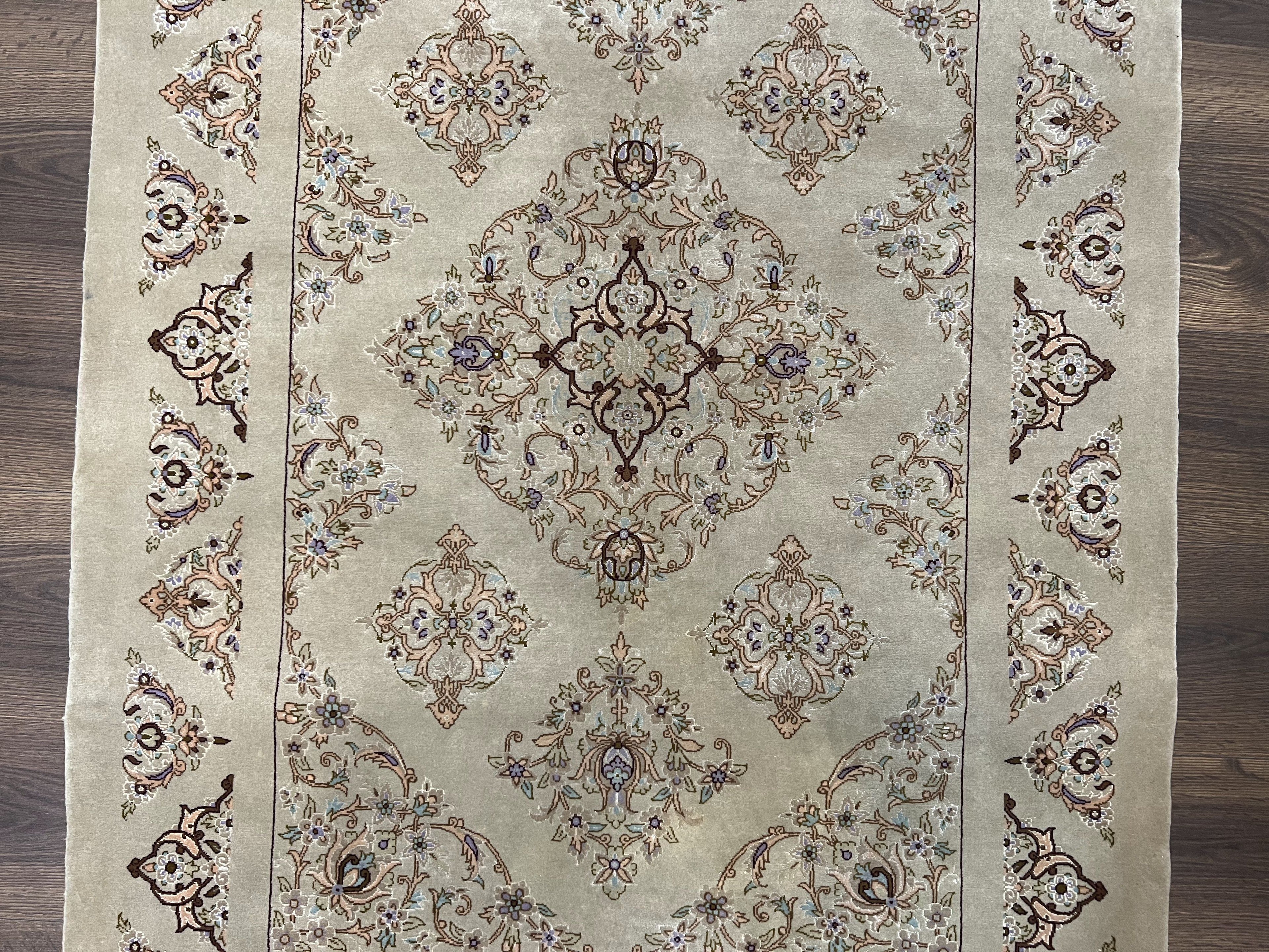 Very Fine Persian Isfahan Rug 3x5 ft with Signature, Kork Wool on Silk Foundation, Gray-Taupe Vintage Hand Knotted Oriental Carpet, 60 Raj 460 KPSI