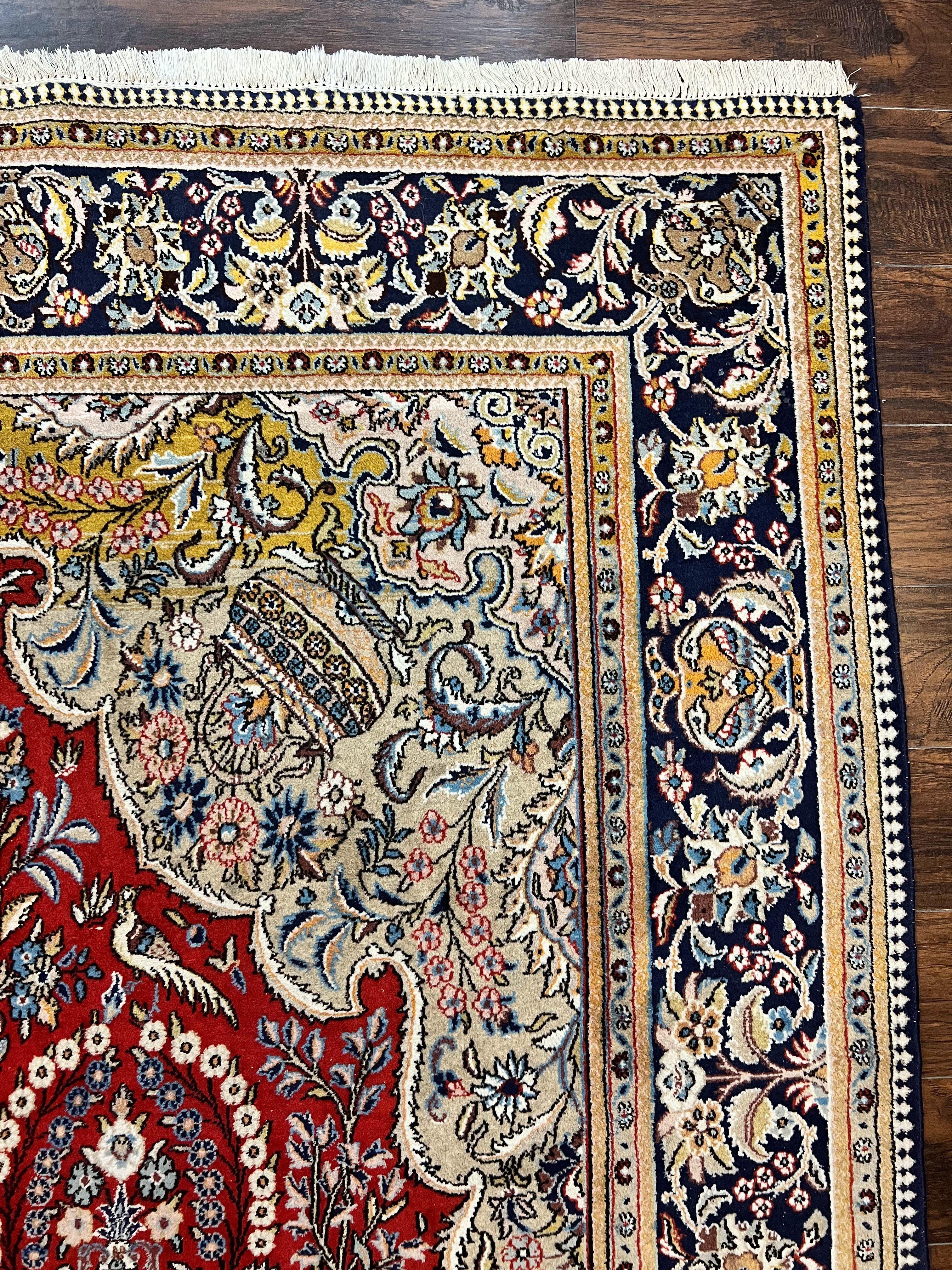 Wonderful Persian Qum Rug 10x14, Wool w/ Silk Highlights, Hand Knotted Semi Antique Vintage Carpet, Red, Floral, Fine Weave, Birds Deer Pictorials