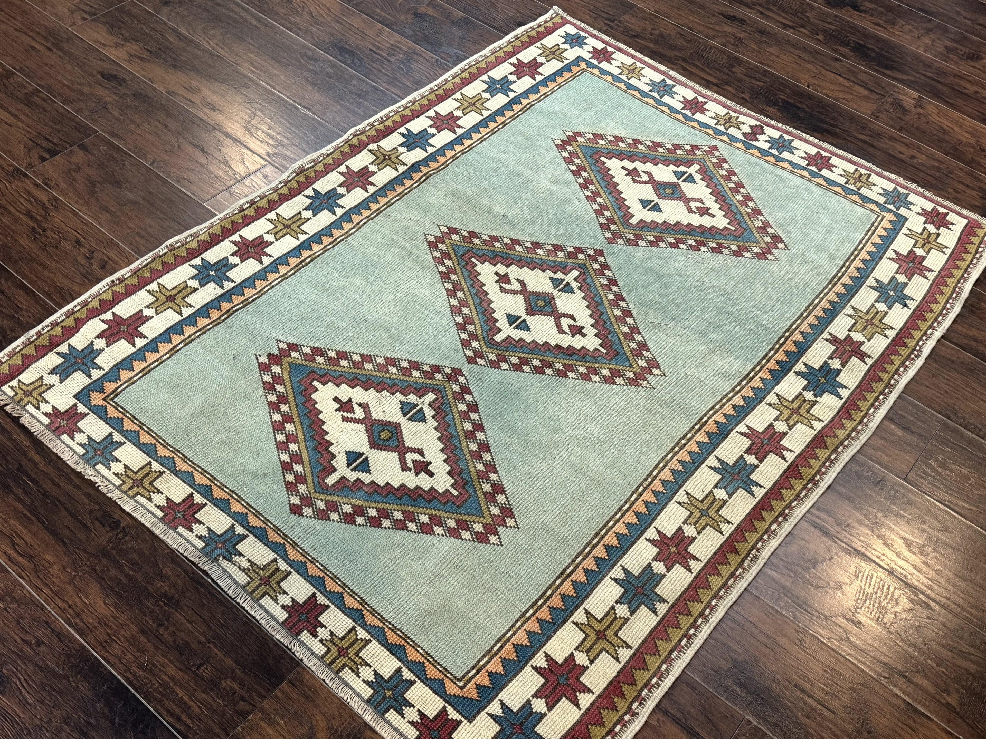 Turkish Kazak Rug 4x6, Geometric Medallion, Caucasian Design Rug, Semi Antique Vintage, Mint Green Maroon Ivory