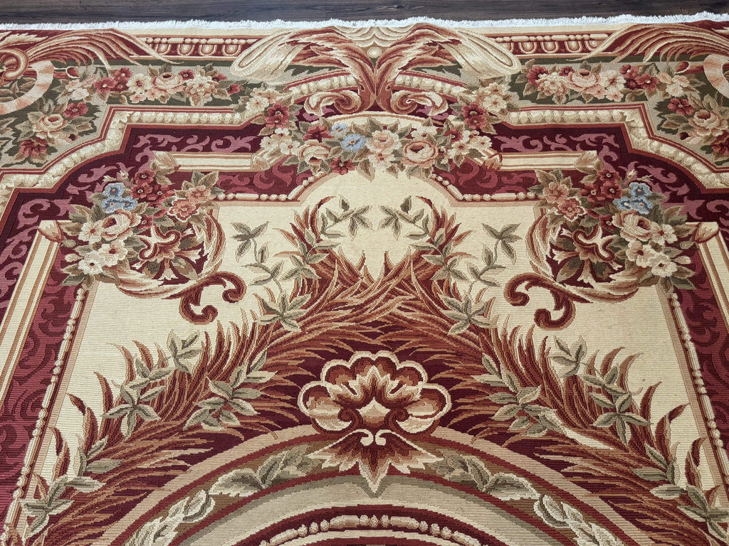 Large Aubusson Rug 10x13, Thick Flatweave Carpet, Elegant European Design, Cream and Raspberry