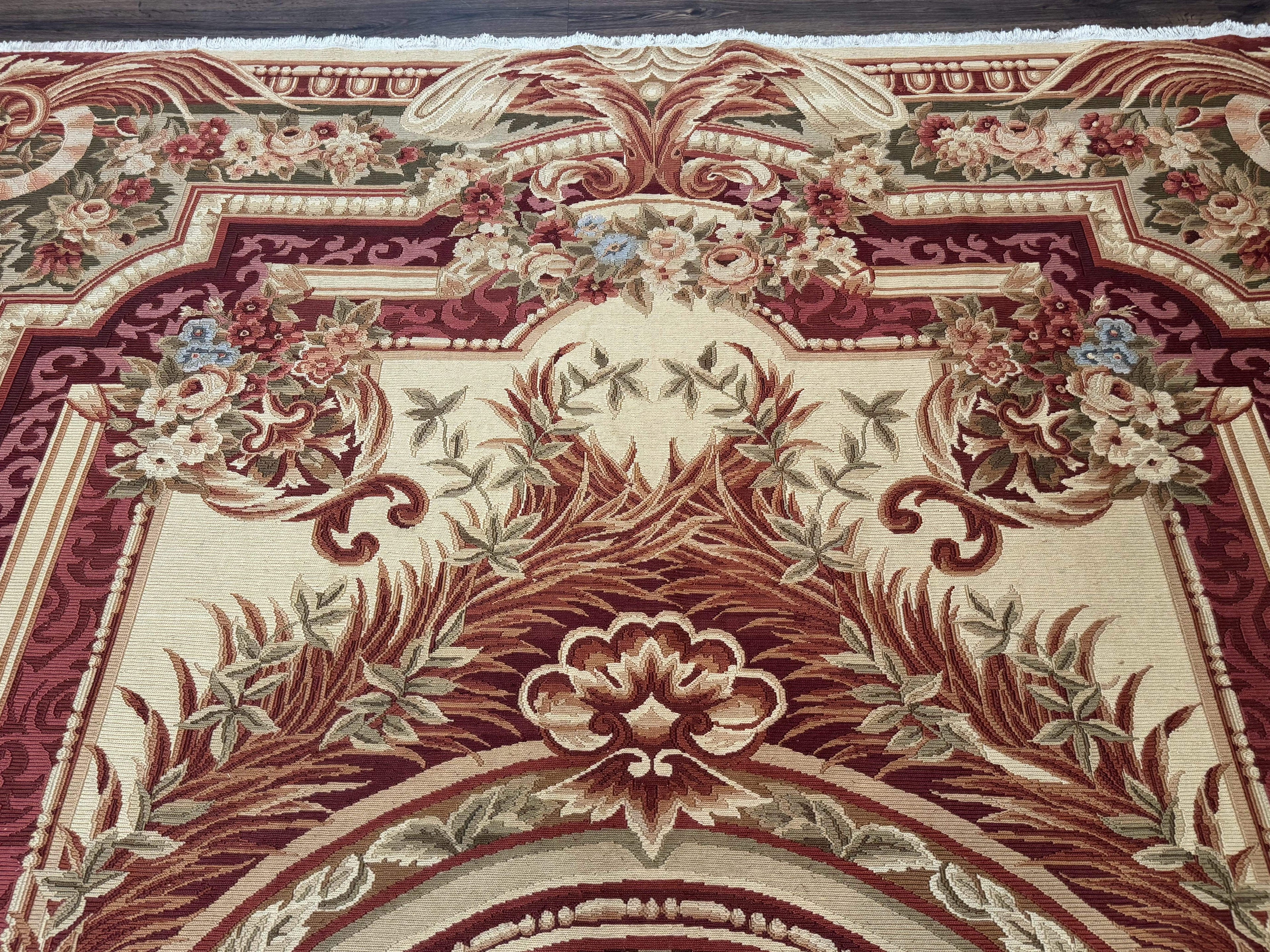 Large Aubusson Rug 10x13, Thick Flatweave Carpet, Elegant European Design, Cream and Raspberry