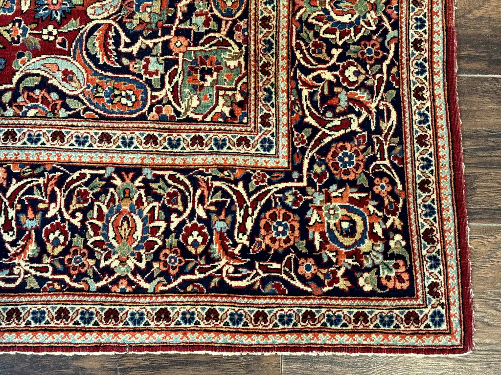 Persian Kashan Rug 4x7, Red and Navy Blue, Floral Antique Carpet